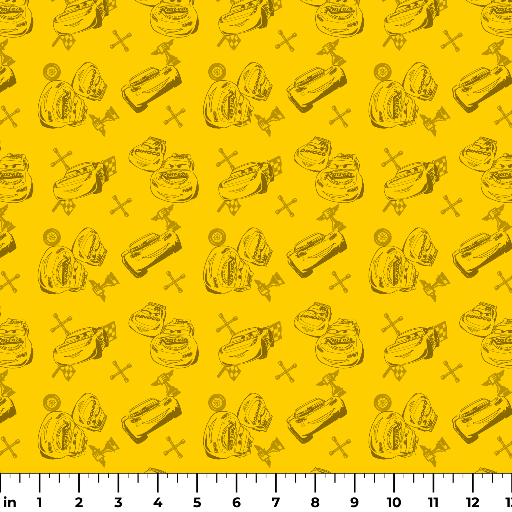 Yellow background with cartoon race cars, tires, and tool icons in a repeating pattern design ruler