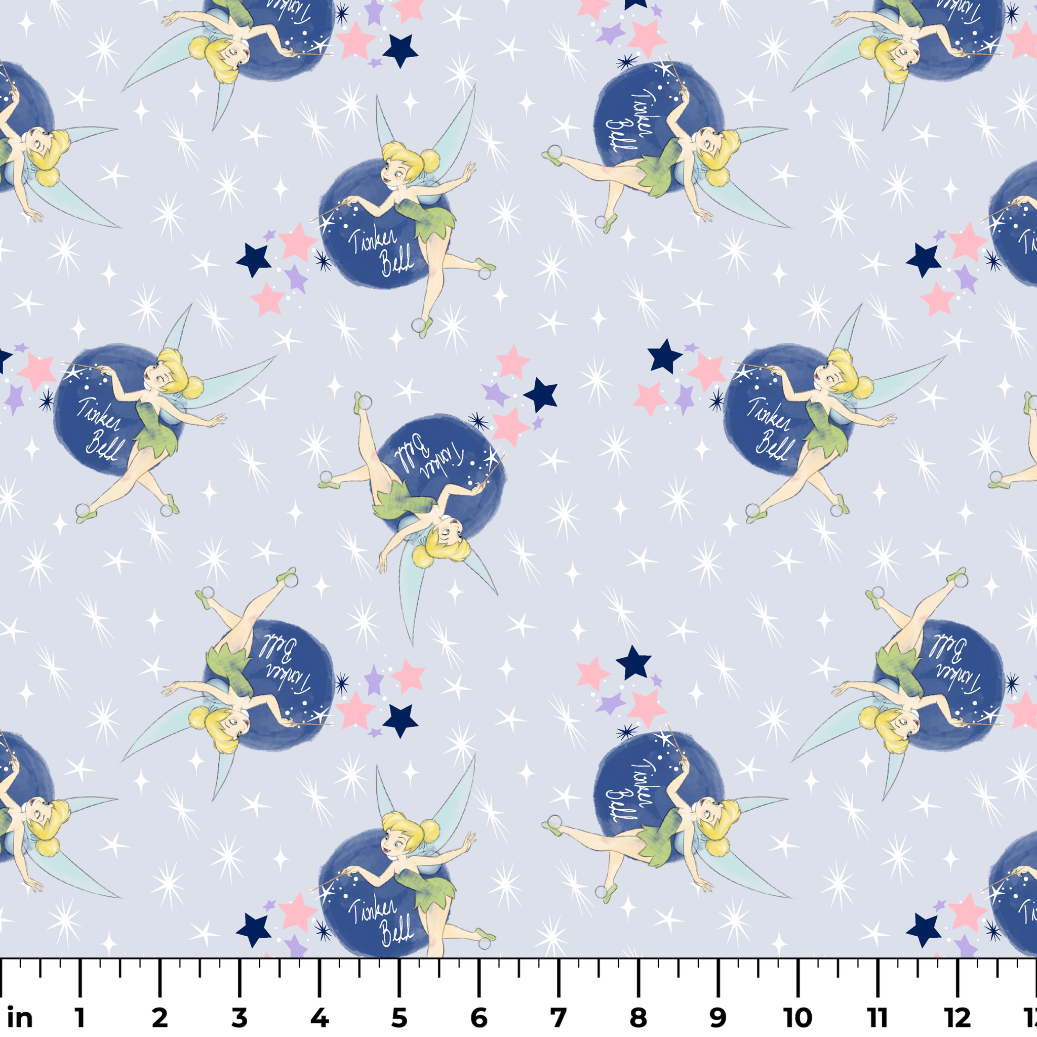 Tinker Bell pattern with the iconic fairy flying around blue moons and stars on a light gray background ruler