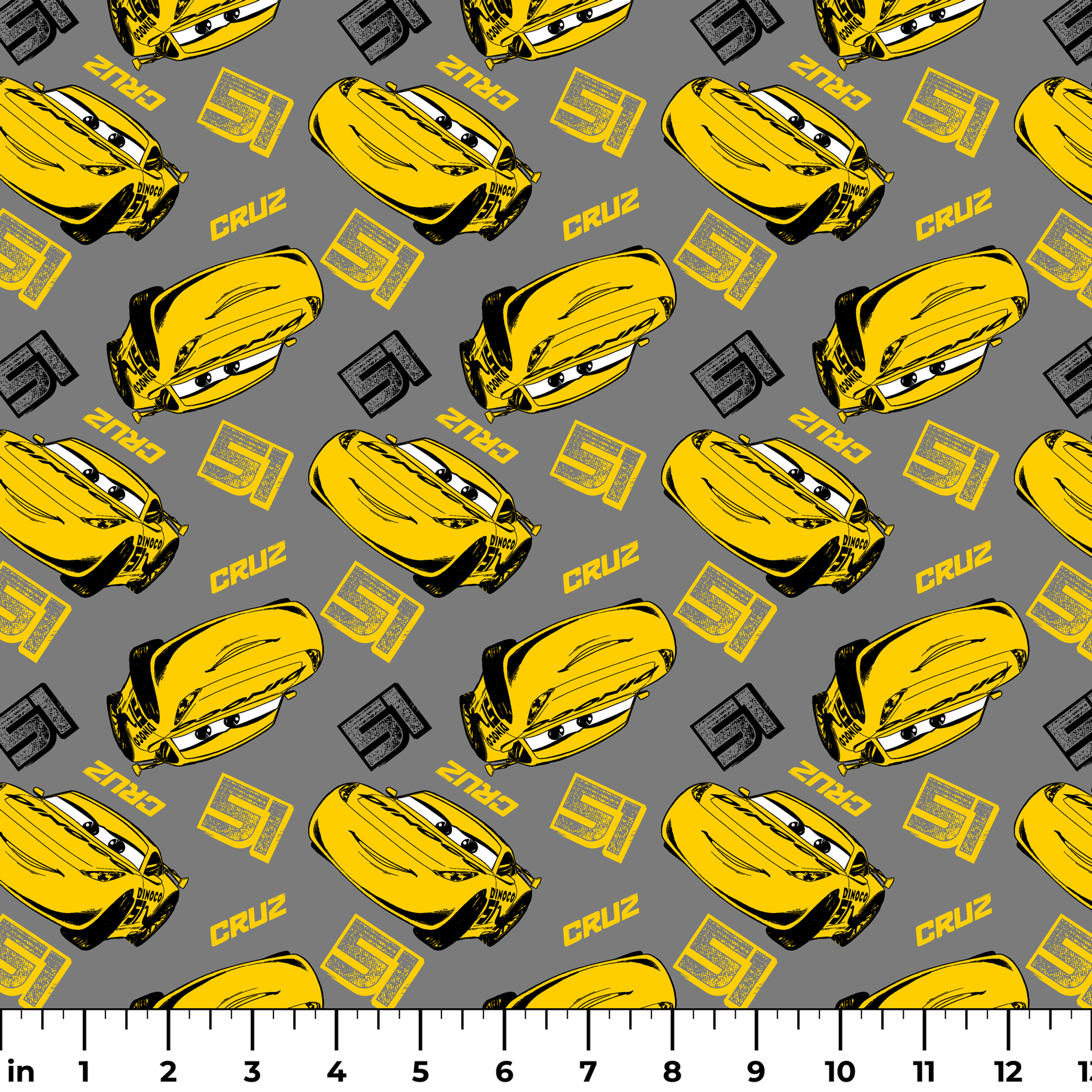 Yellow cartoon race cars with Cruz name on gray background, Cars movie pattern ruler