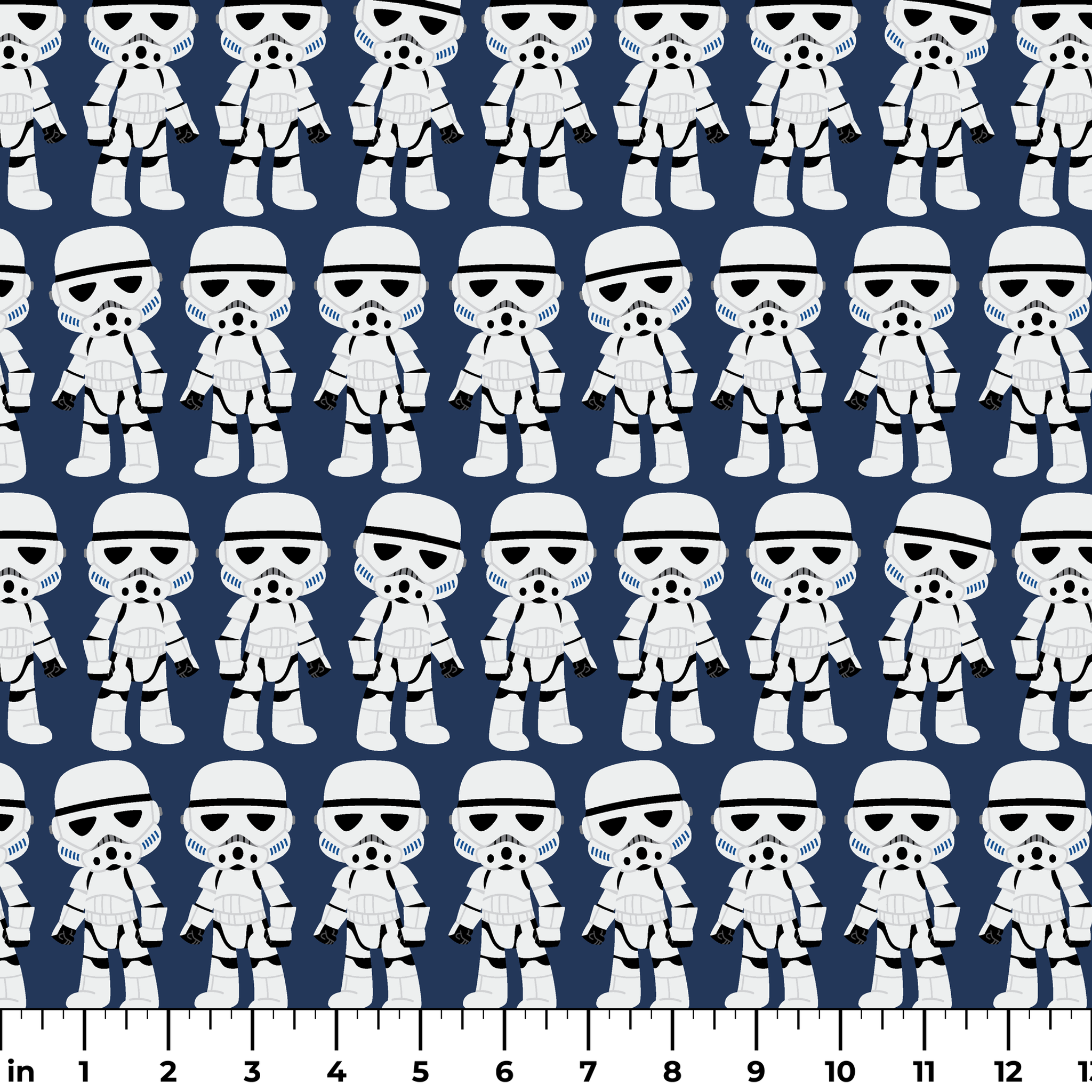 Repeated pattern of cartoon Stormtrooper characters in white armor against dark blue background ruler
