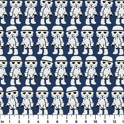 Repeated pattern of cartoon Stormtrooper characters in white armor against dark blue background ruler