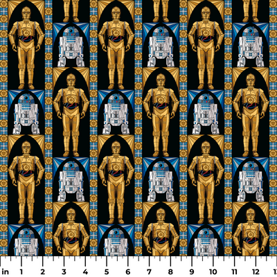 Repeating pattern of golden droid and blue-white astromech droid characters from Star Wars on black background with decorative borders ruler