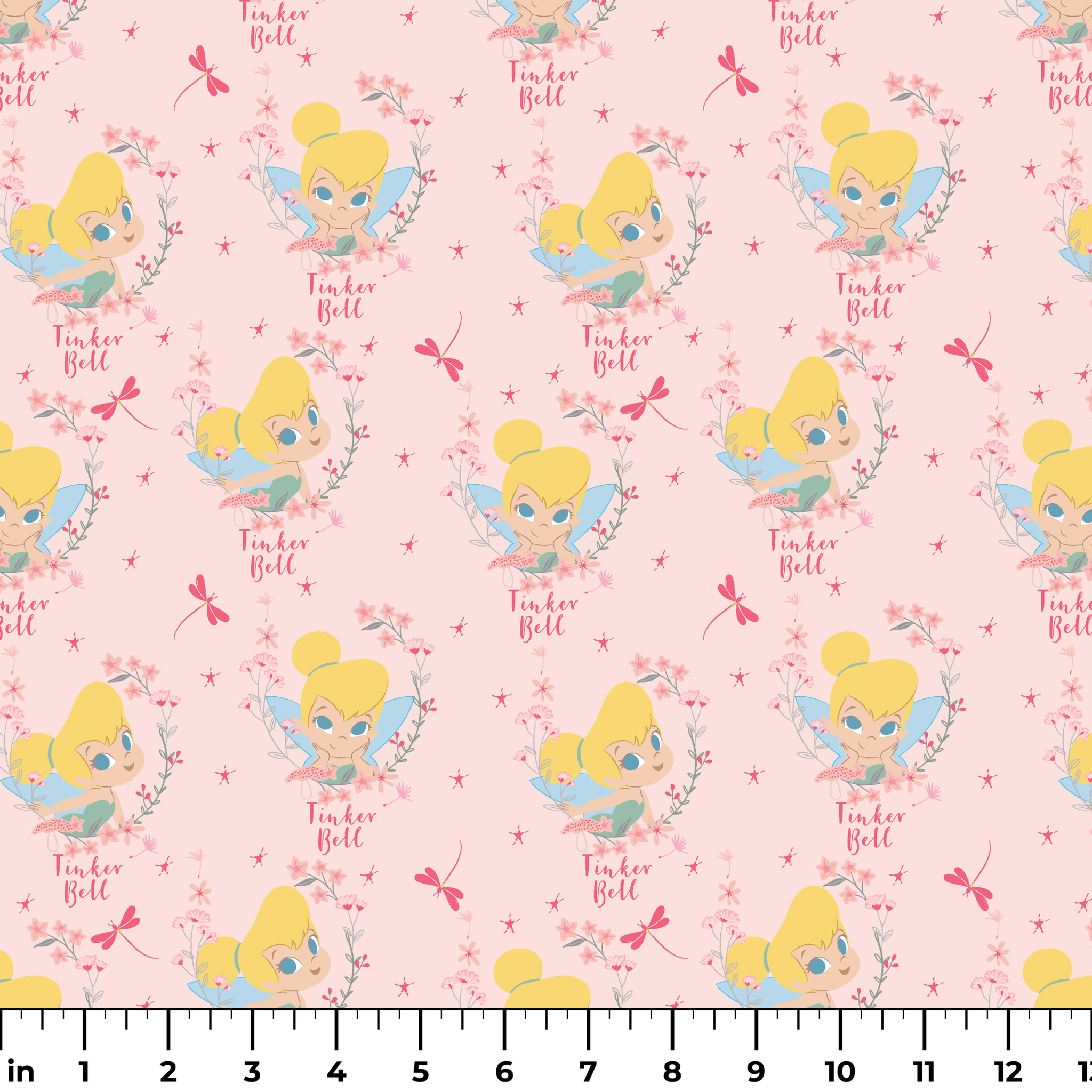 Pink background with Tinker Bell surrounded by flowers, stars, and dragonflies ruler