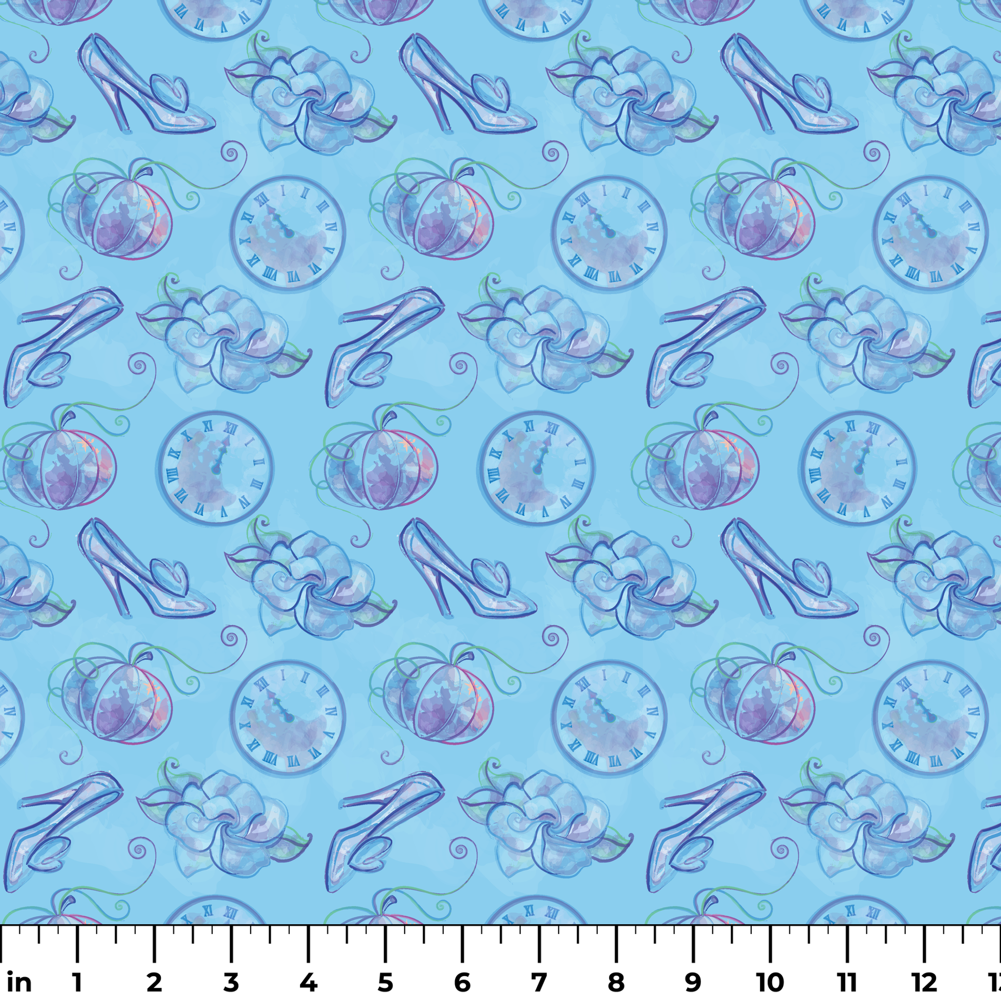 Whimsical Cinderella-themed pattern with glass slippers, pumpkins, clocks, and ribbons in soft blue and purple tones ruler