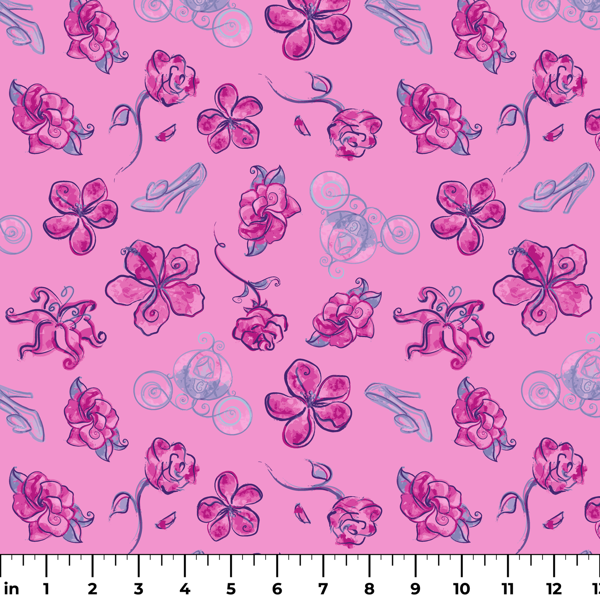 Whimsical Cinderella pattern of purple flowers, roses, and glass slipper outlines on pink background ruler