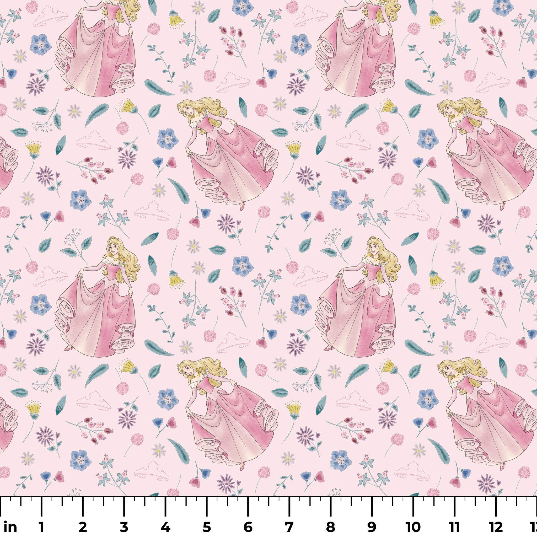 Disney's Sleeping Beauty surrounded by scattered flowers and leaves on light pink background ruler