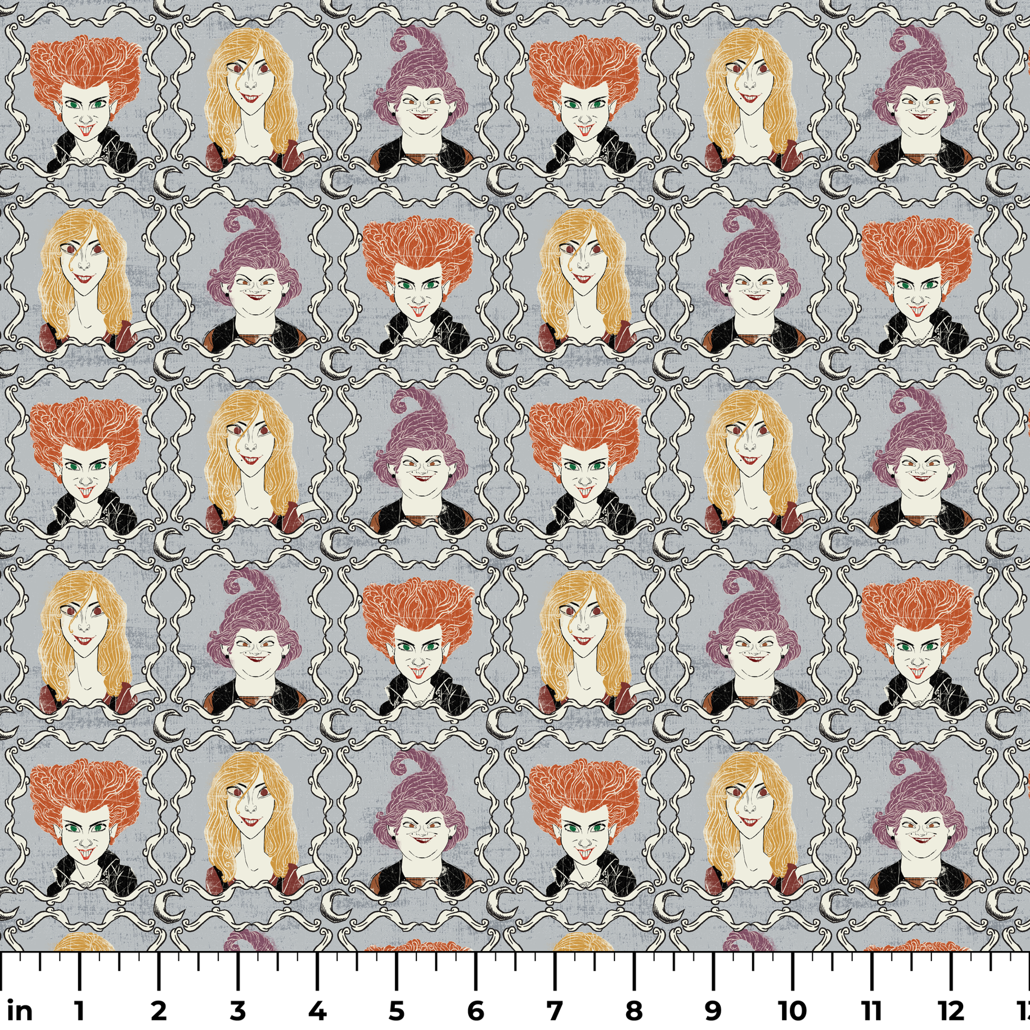 Illustrated portraits of fantasy characters with wild orange, blonde, and purple hair on gray patterned background ruler