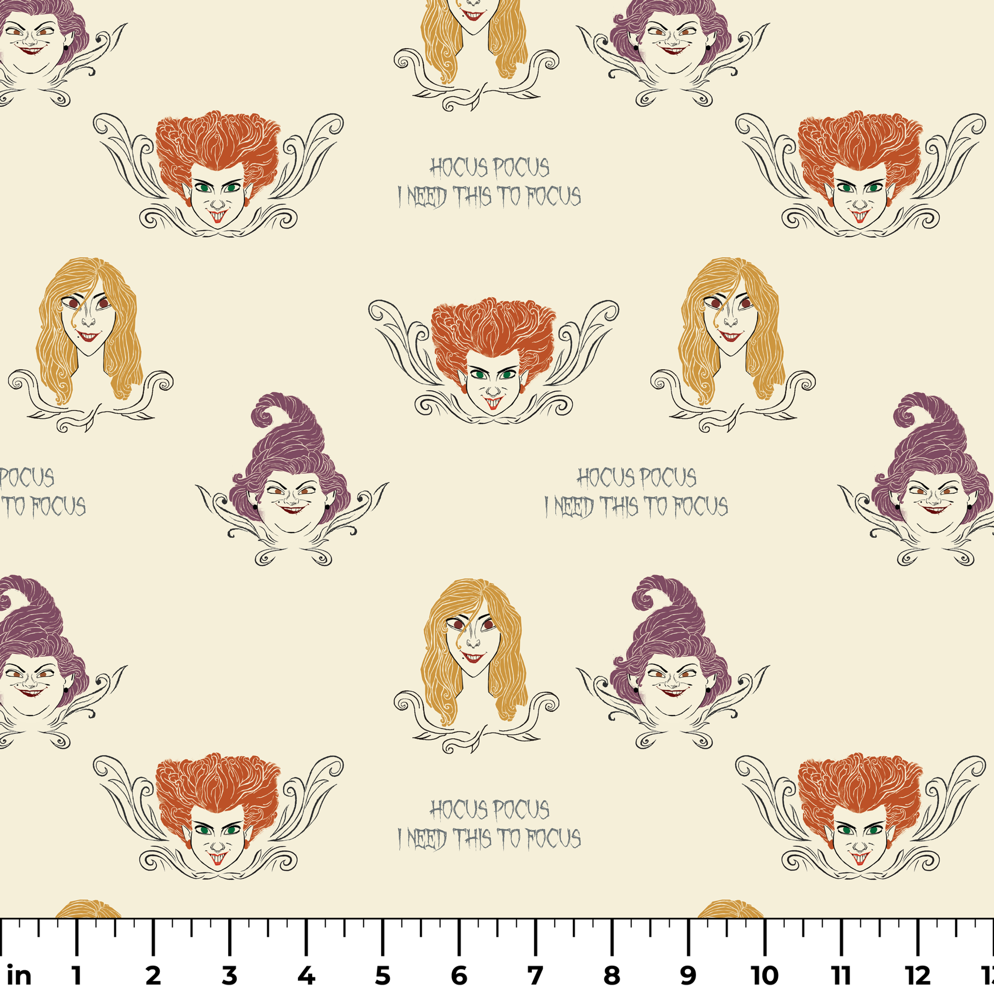 Pattern of illustrated magical characters with orange, blonde and purple hair on cream background with "Hocus Pocus" text ruler