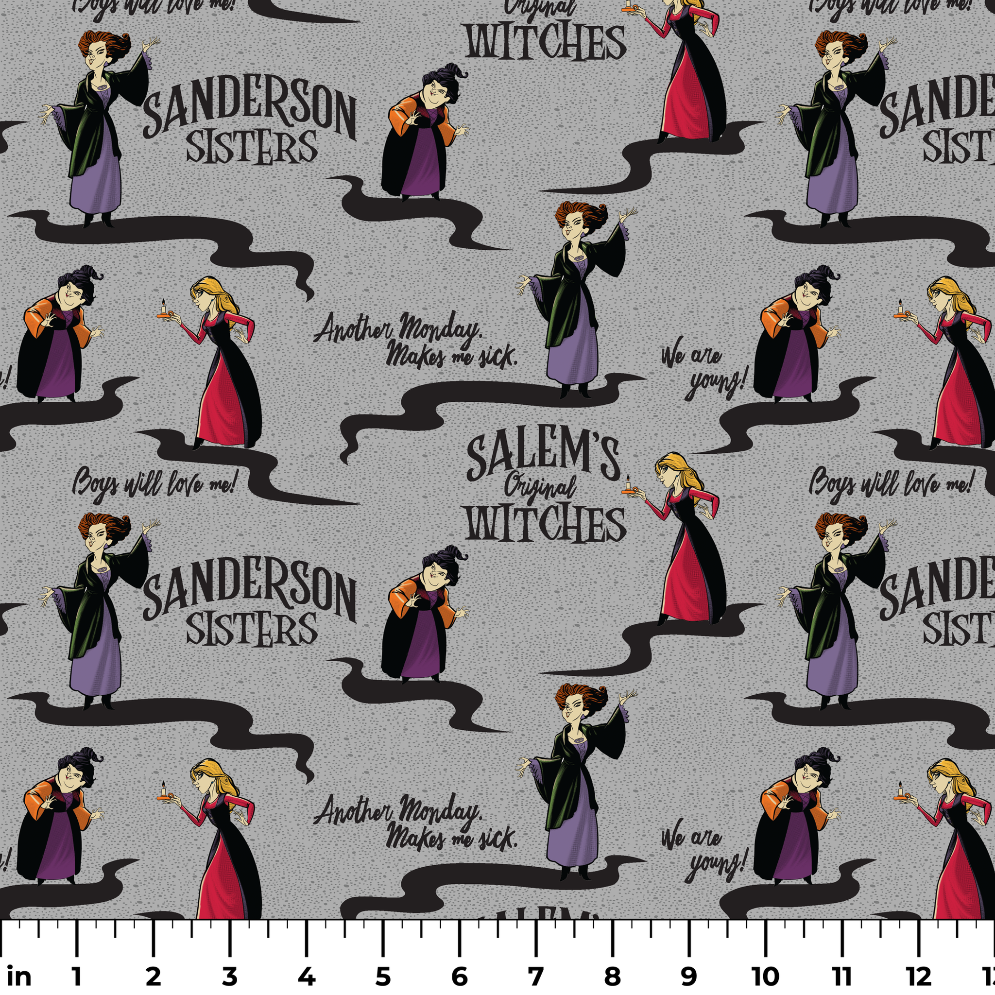 Sanderson Sisters pattern from Hocus Pocus with cartoon witches in purple and red dresses on gray background ruler