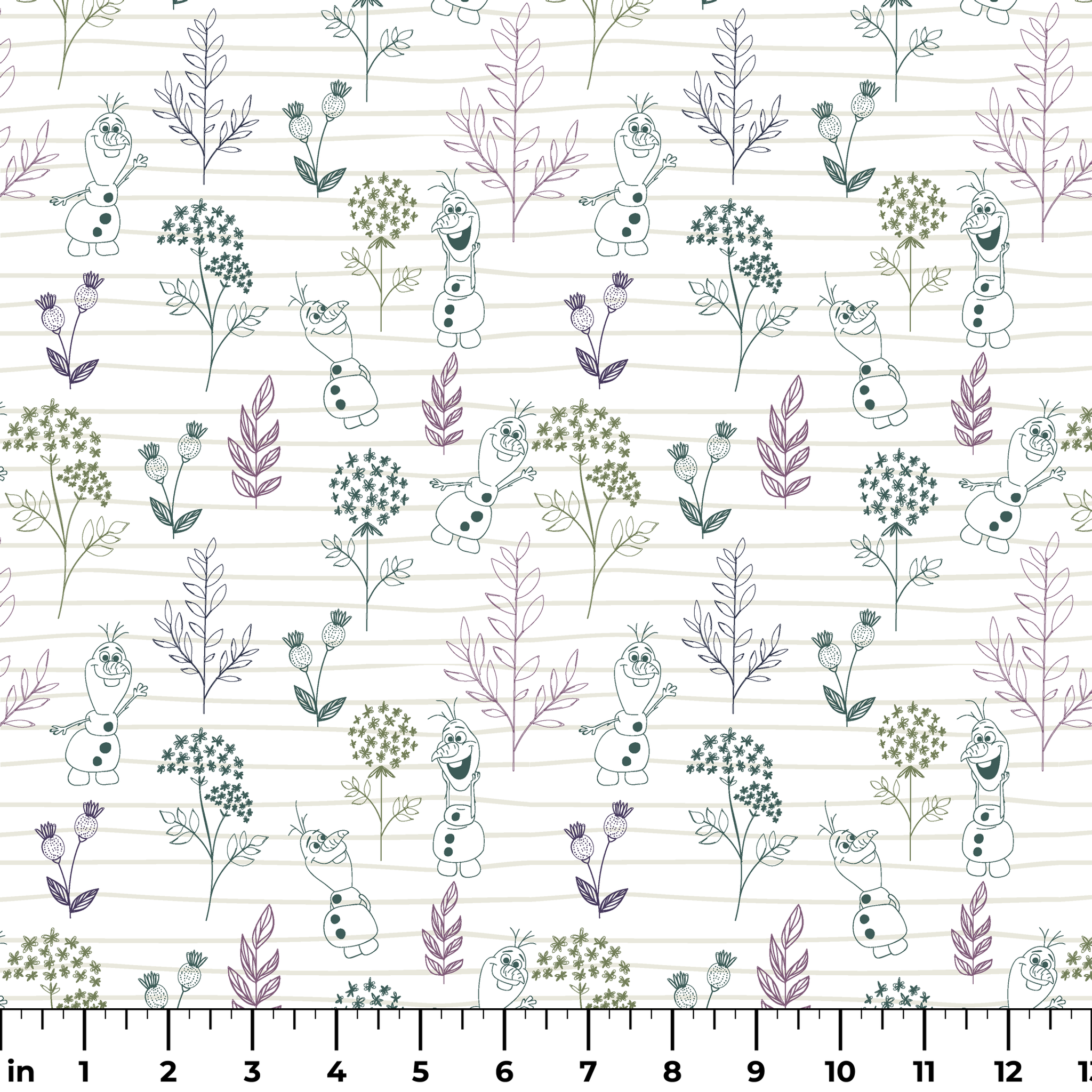 Pattern of sketched botanical elements, flowers, and Olaf on a lined background in soft greens and purples ruler
