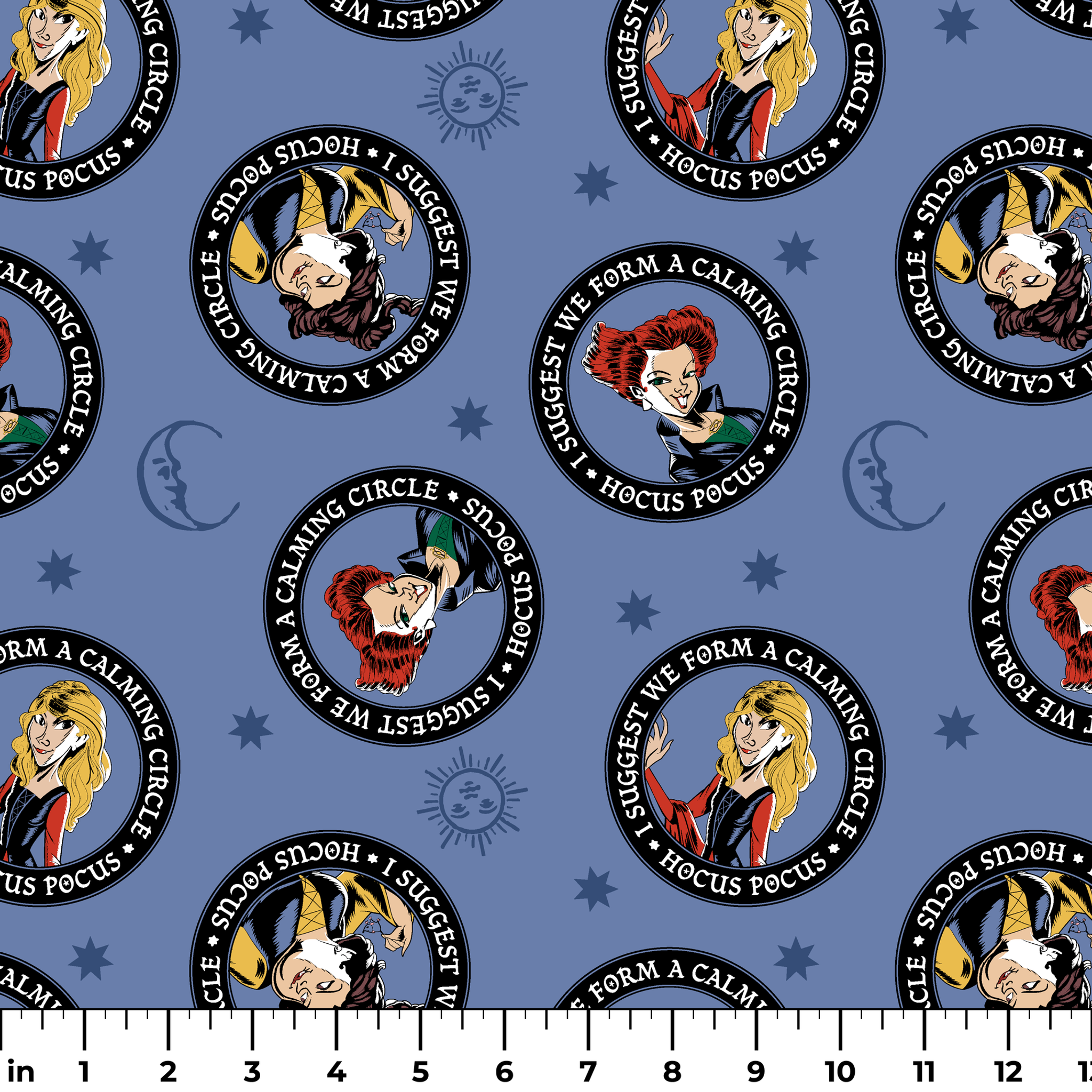 Cartoon witches in circular emblems with "Hocus Pocus" text on blue background with stars ruler