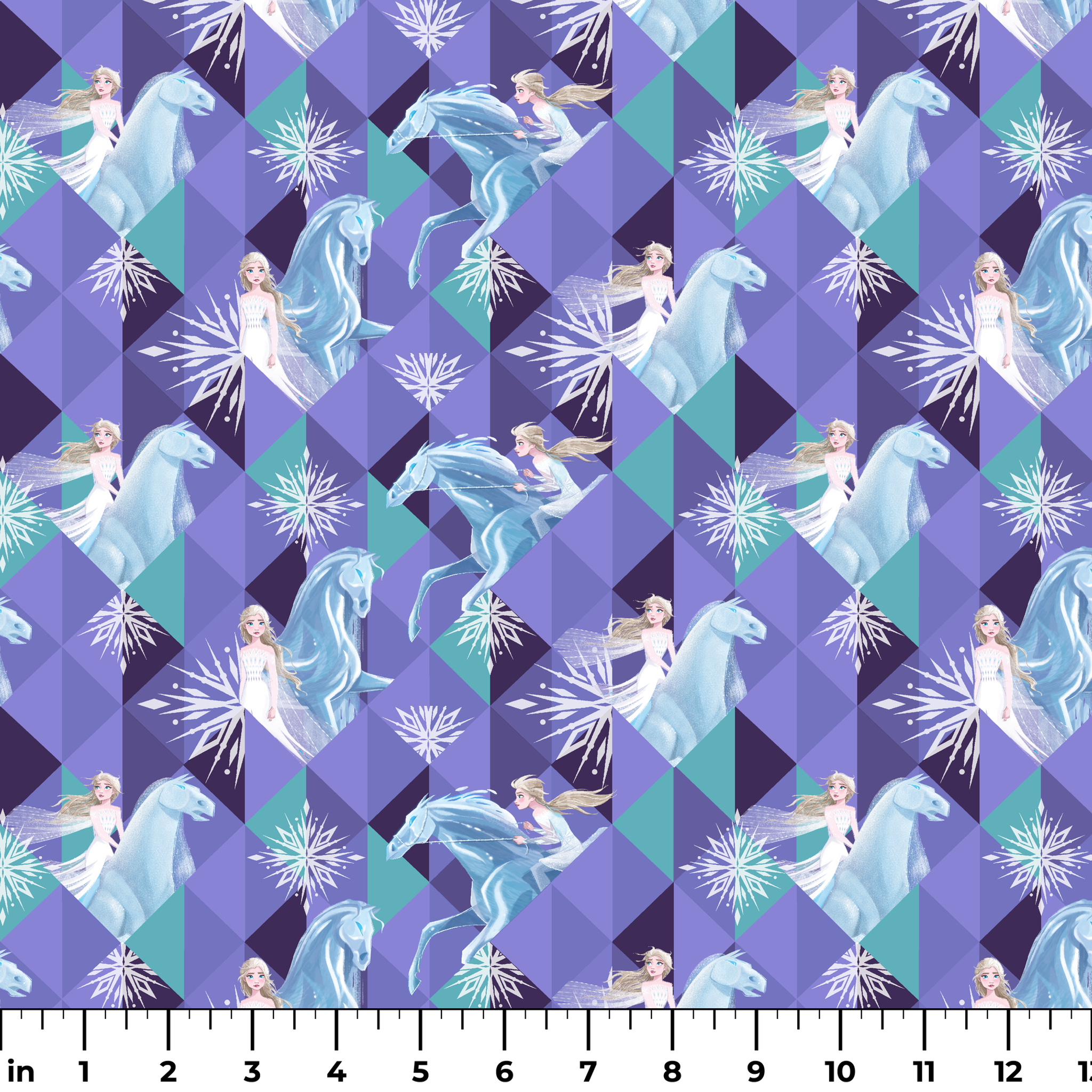 Disney's Frozen pattern with Elsa on horses against purple geometric background with snowflakes ruler