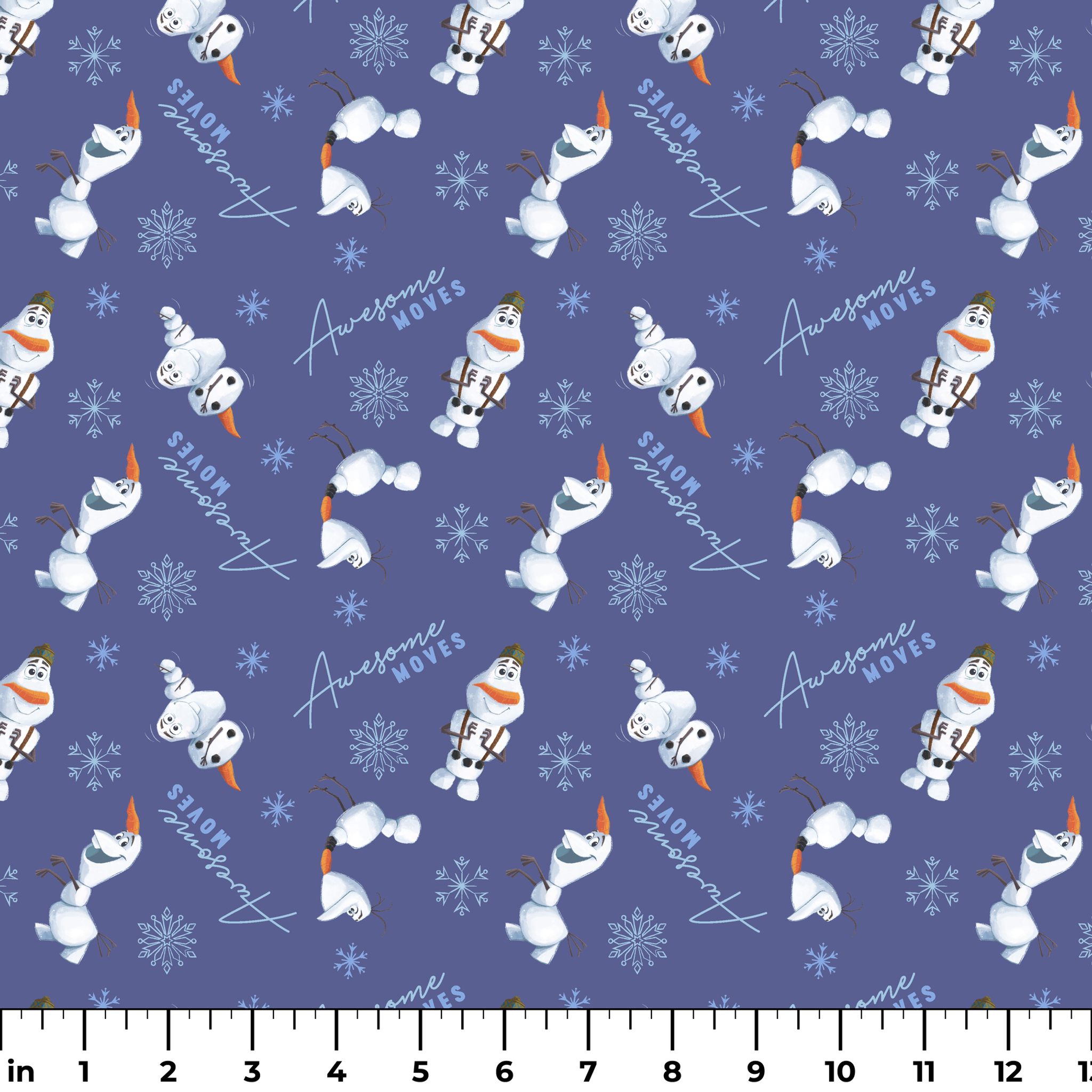 Playful Olaf the snowman pattern with snowflakes on purple background showing various poses ruler