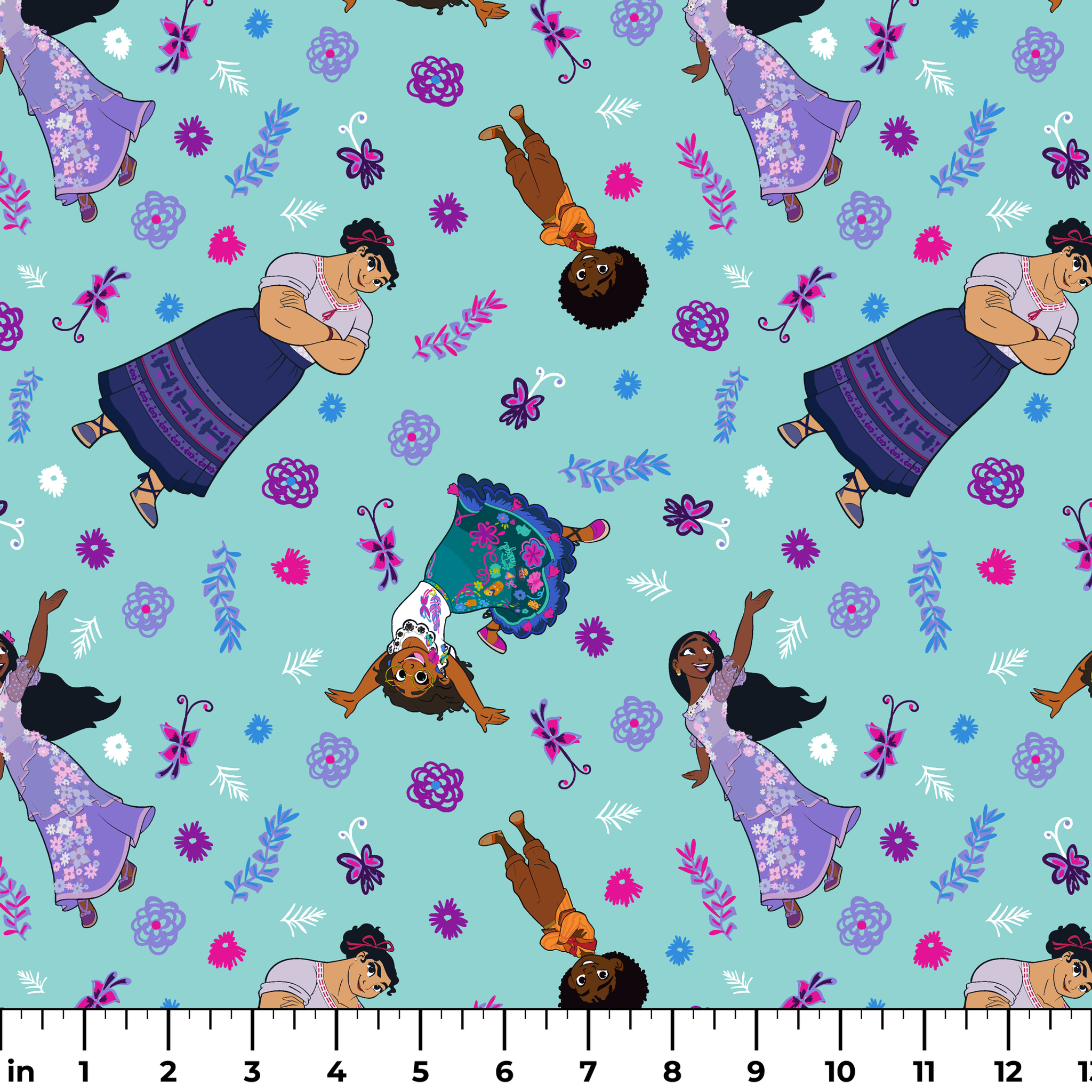 Colorful pattern with figures in traditional clothing, butterflies, and floral elements on teal background ruler