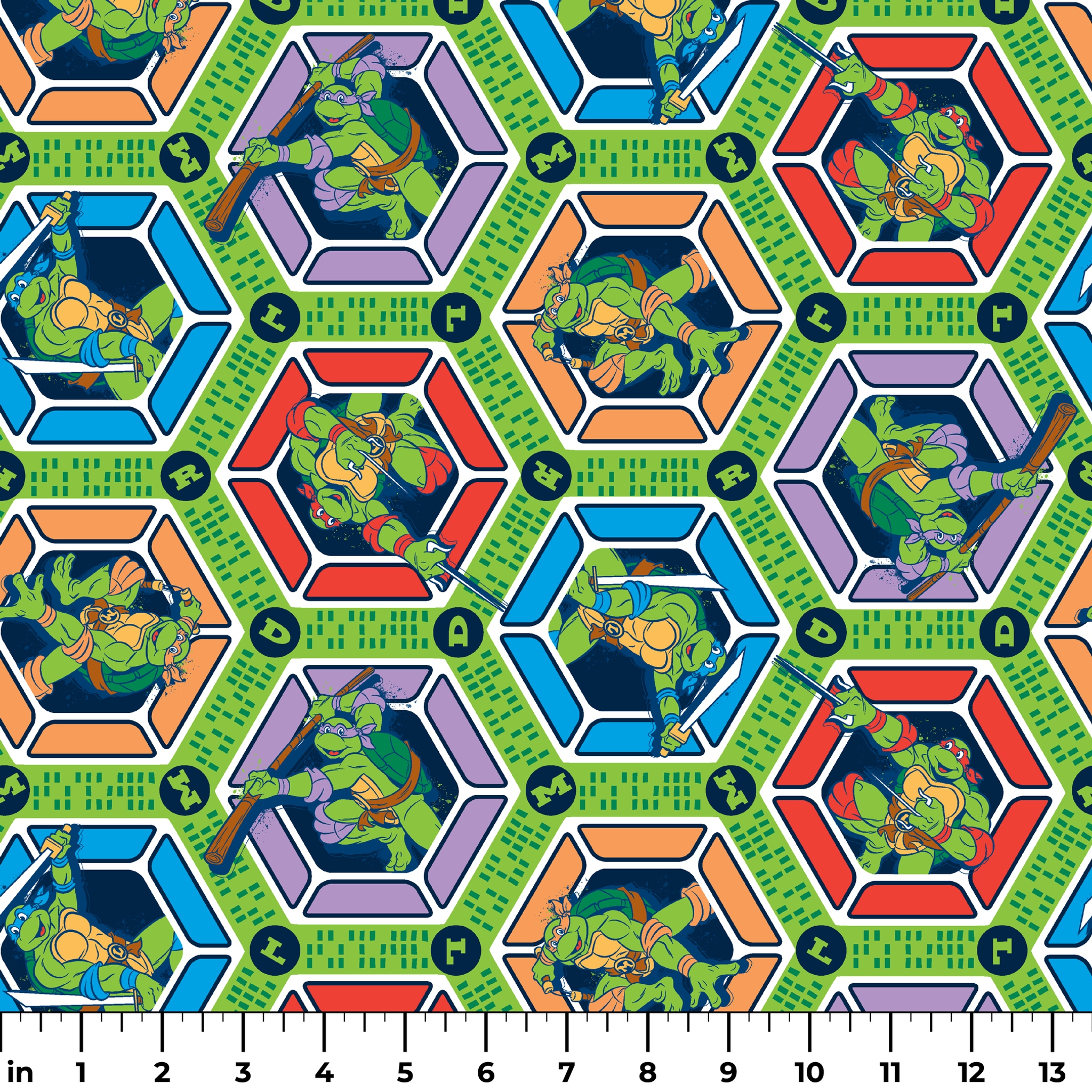 Colorful hexagonal pattern with Teenage Mutant Ninja Turtles and green text strips on blue background ruler
