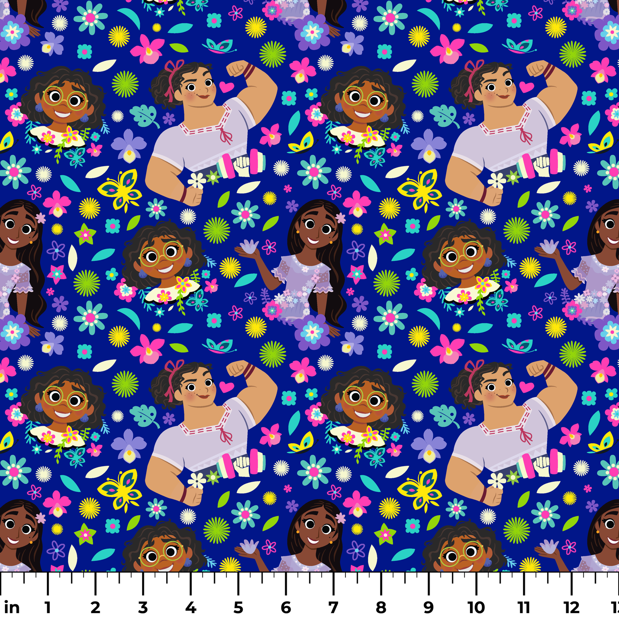 Colorful cartoon characters surrounded by bright flowers on vibrant blue background ruler