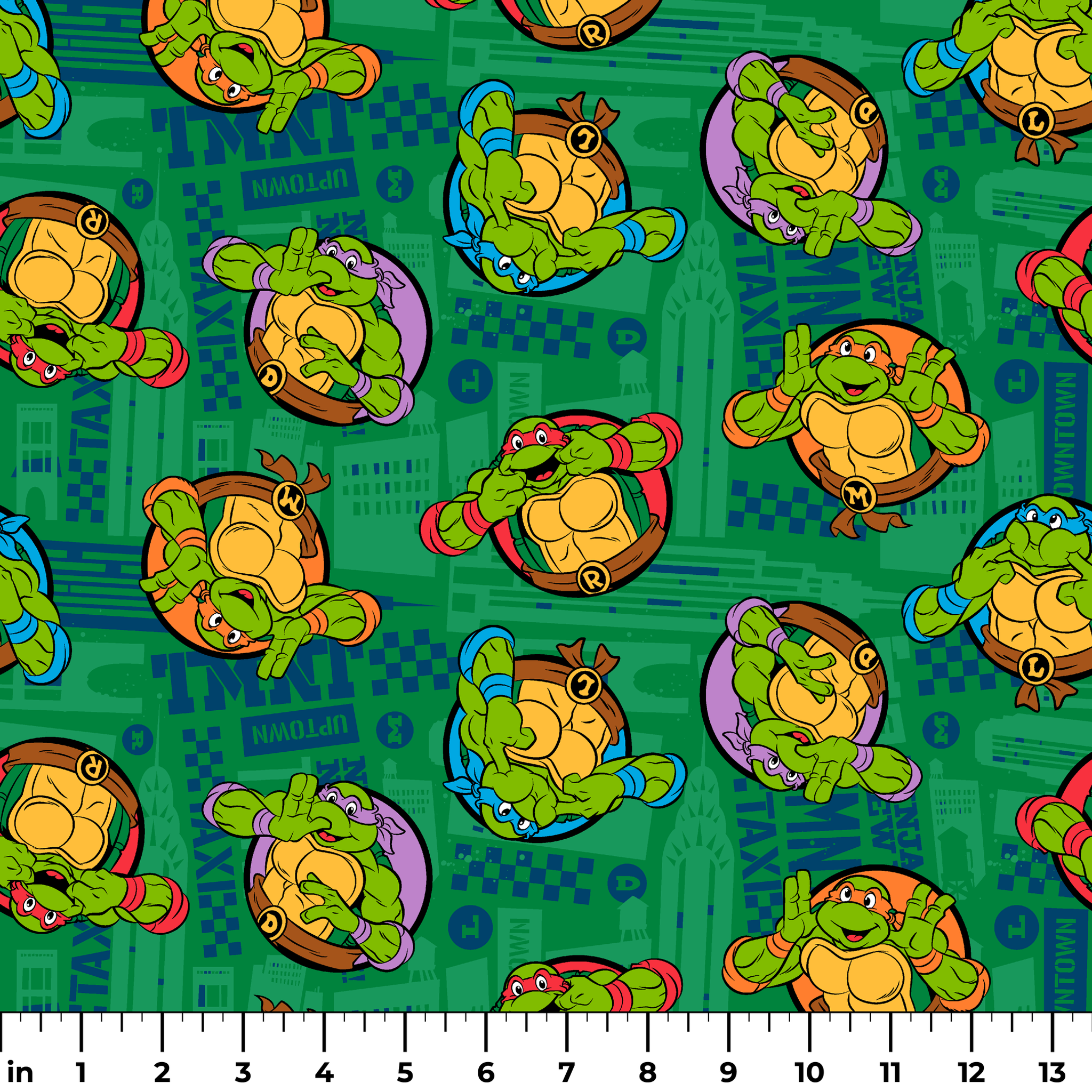 Teenage Mutant Ninja Turtles cartoon characters on green patterned background ruler
