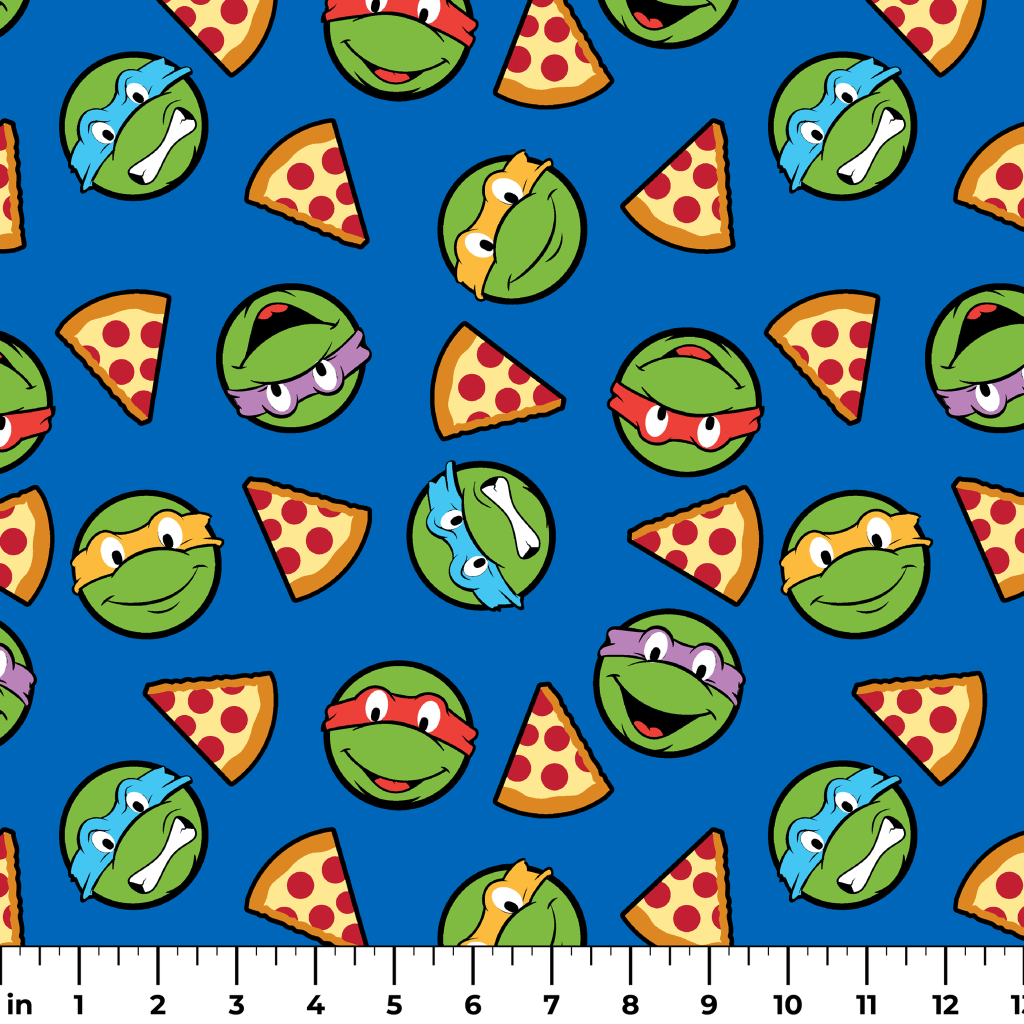 Teenage Mutant Ninja Turtle faces with colored masks and pizza slices pattern on blue background ruler