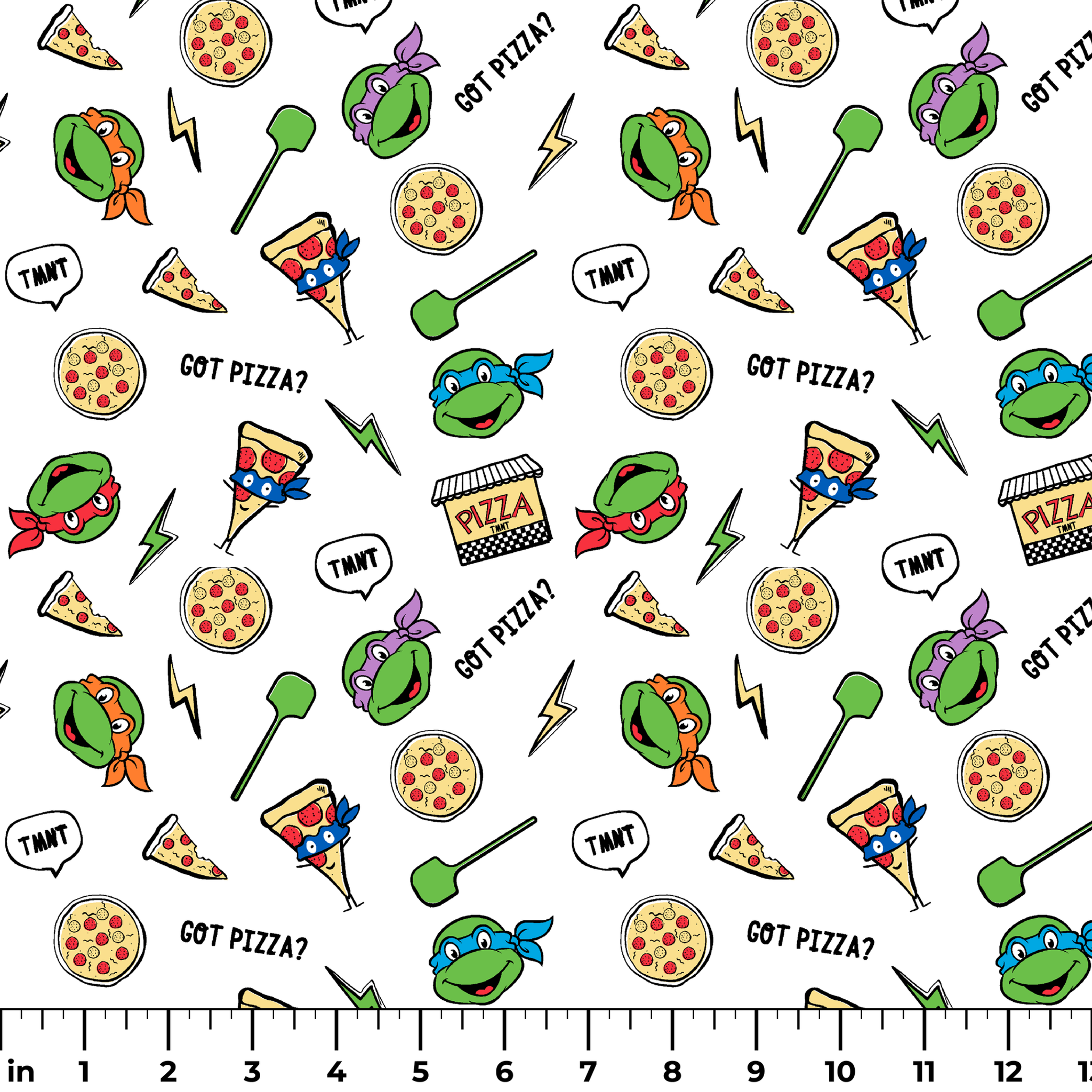 Cartoon pattern with Teenage Mutant Ninja Turtles, pizza slices, whole pizzas, lightning bolts and "GOT PIZZA?" text ruler