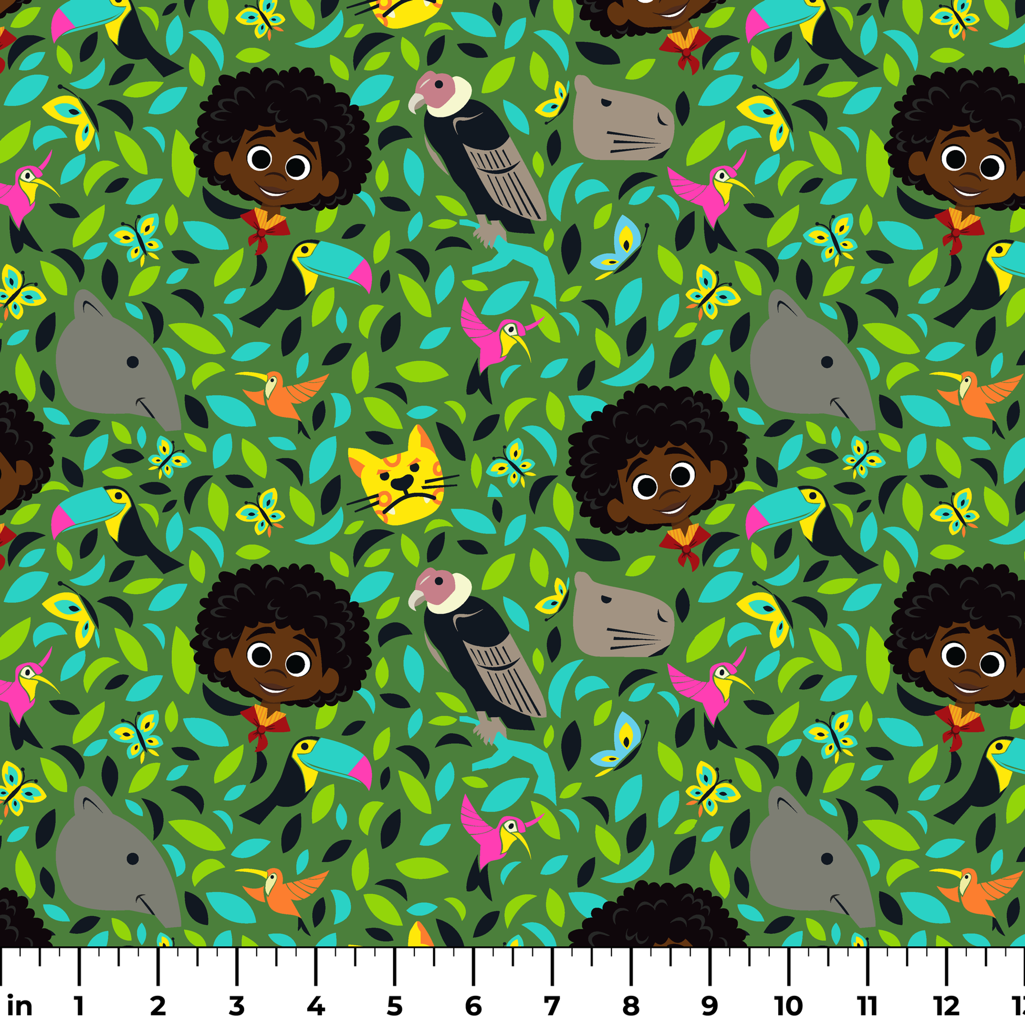 Colorful illustration with children, birds, butterflies, and animals among vibrant green foliage. ruler