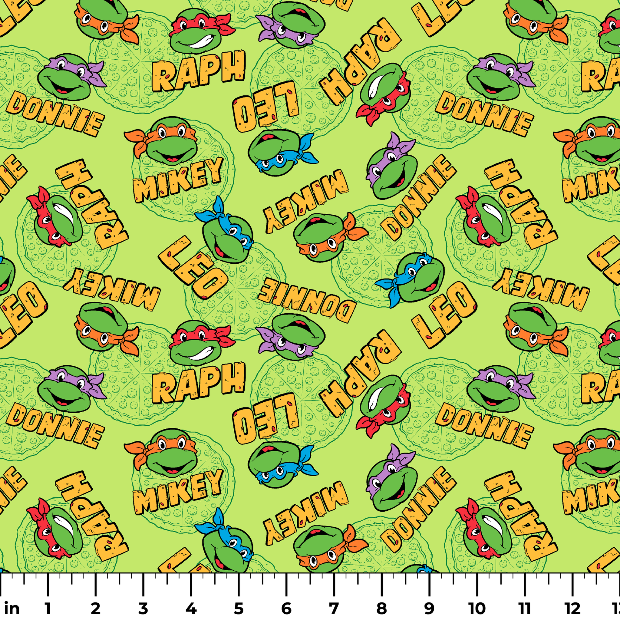 Teenage Mutant Ninja Turtles pattern with cartoon faces, names, and colorful masks on green background ruler