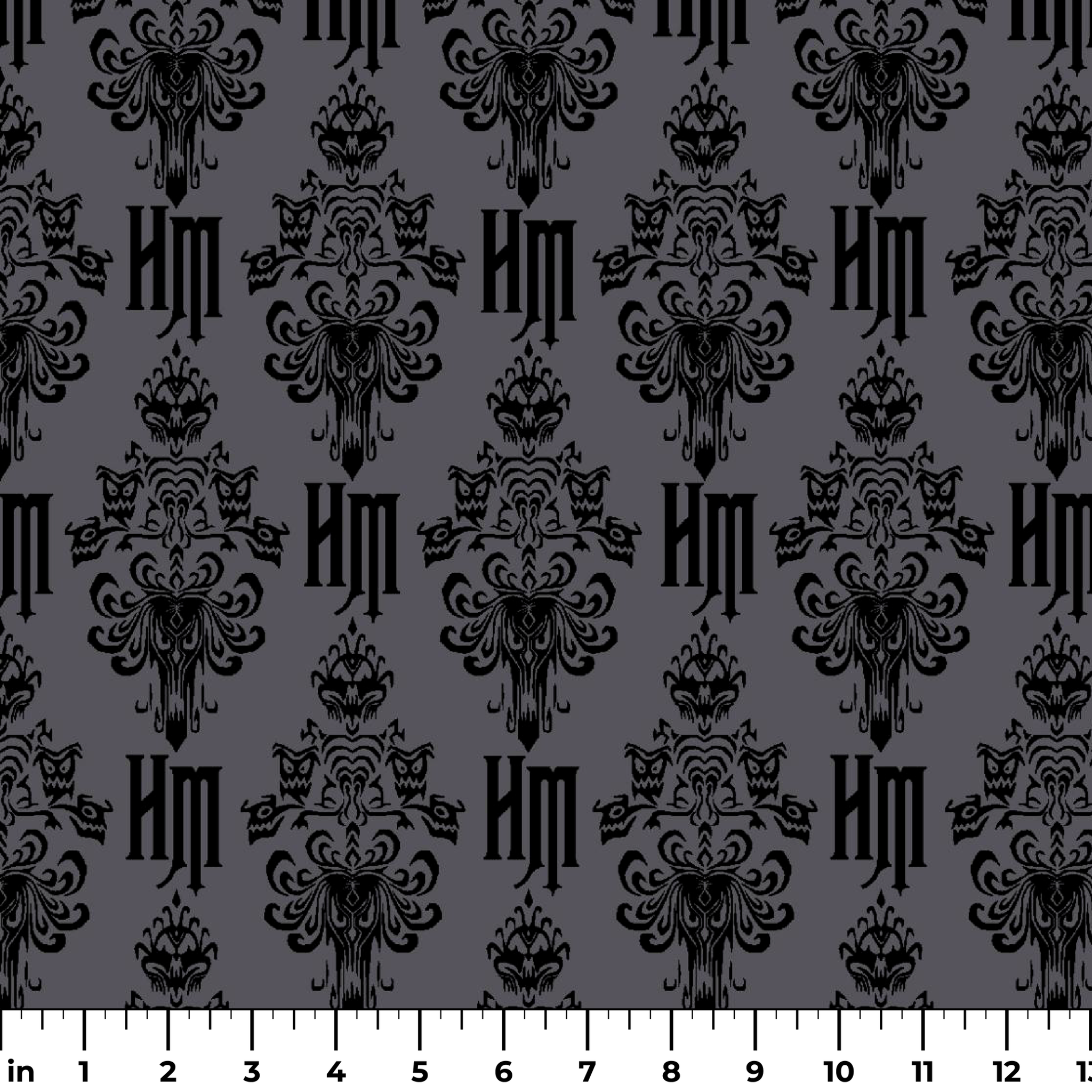 Dark gray background with black ornate damask pattern featuring decorative flourishes and monogram elements ruler