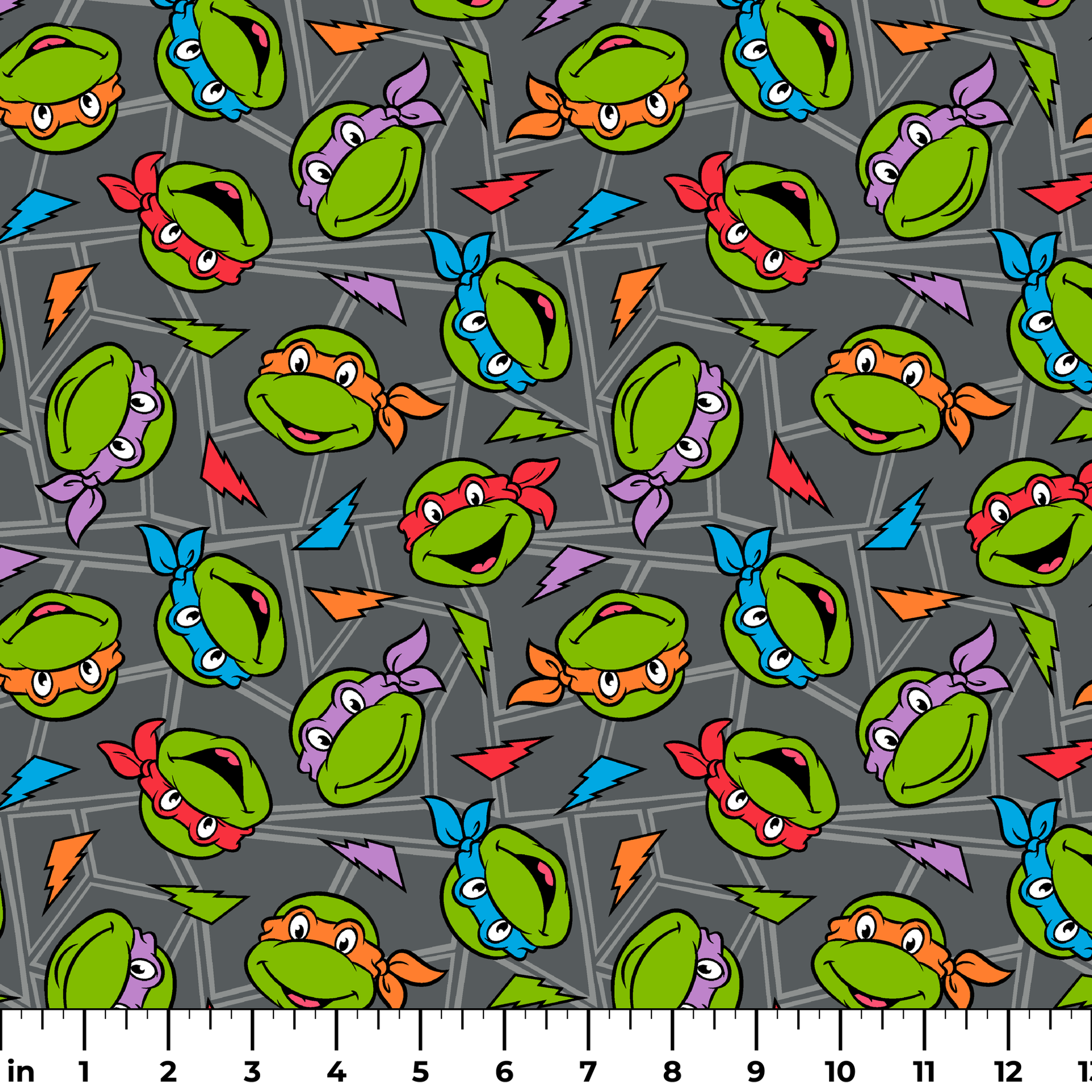 Colorful pattern of Teenage Mutant Ninja Turtles faces with red, orange, blue, and purple masks on grey background. ruler