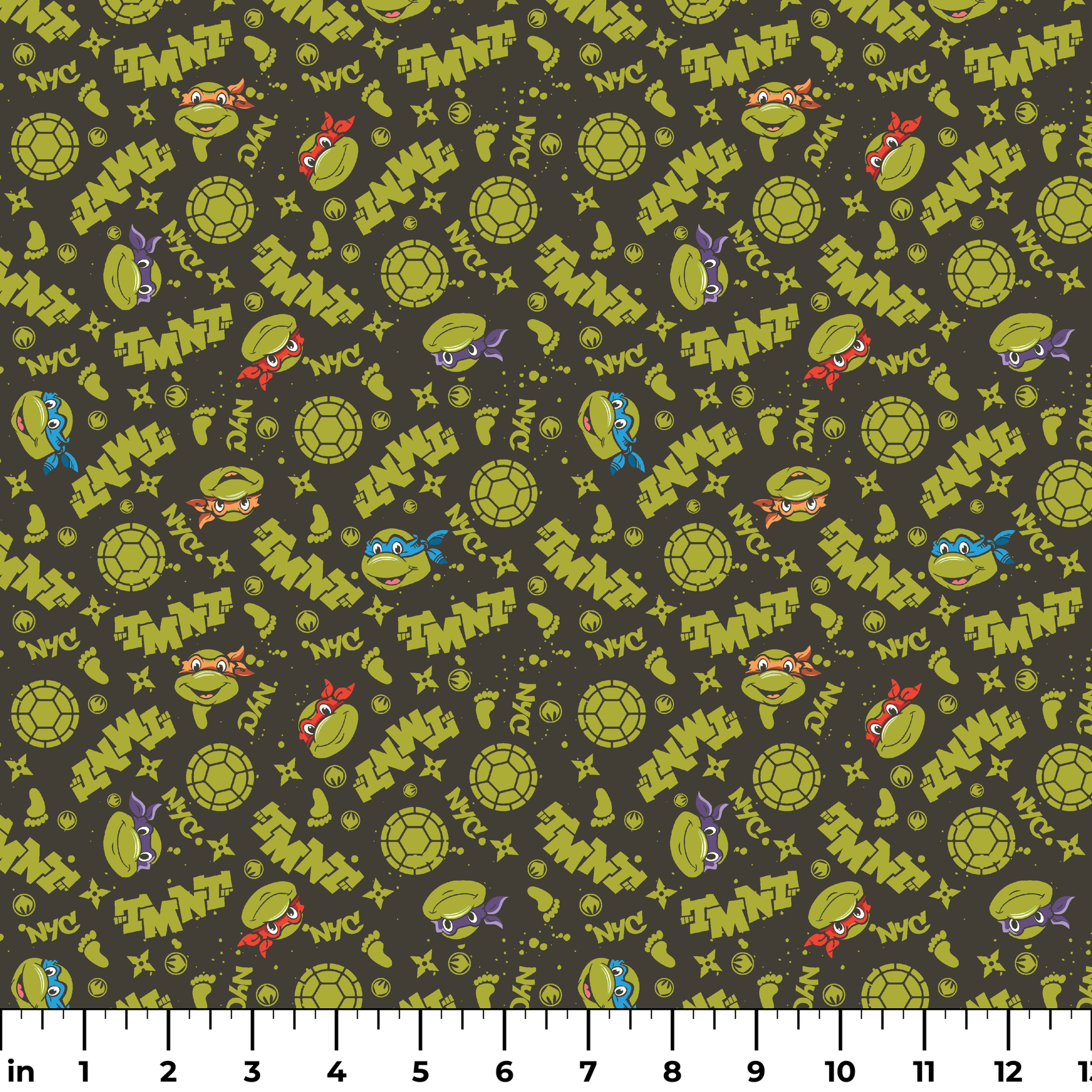 Pattern of Teenage Mutant Ninja Turtles with "TMNT" text on dark background ruler