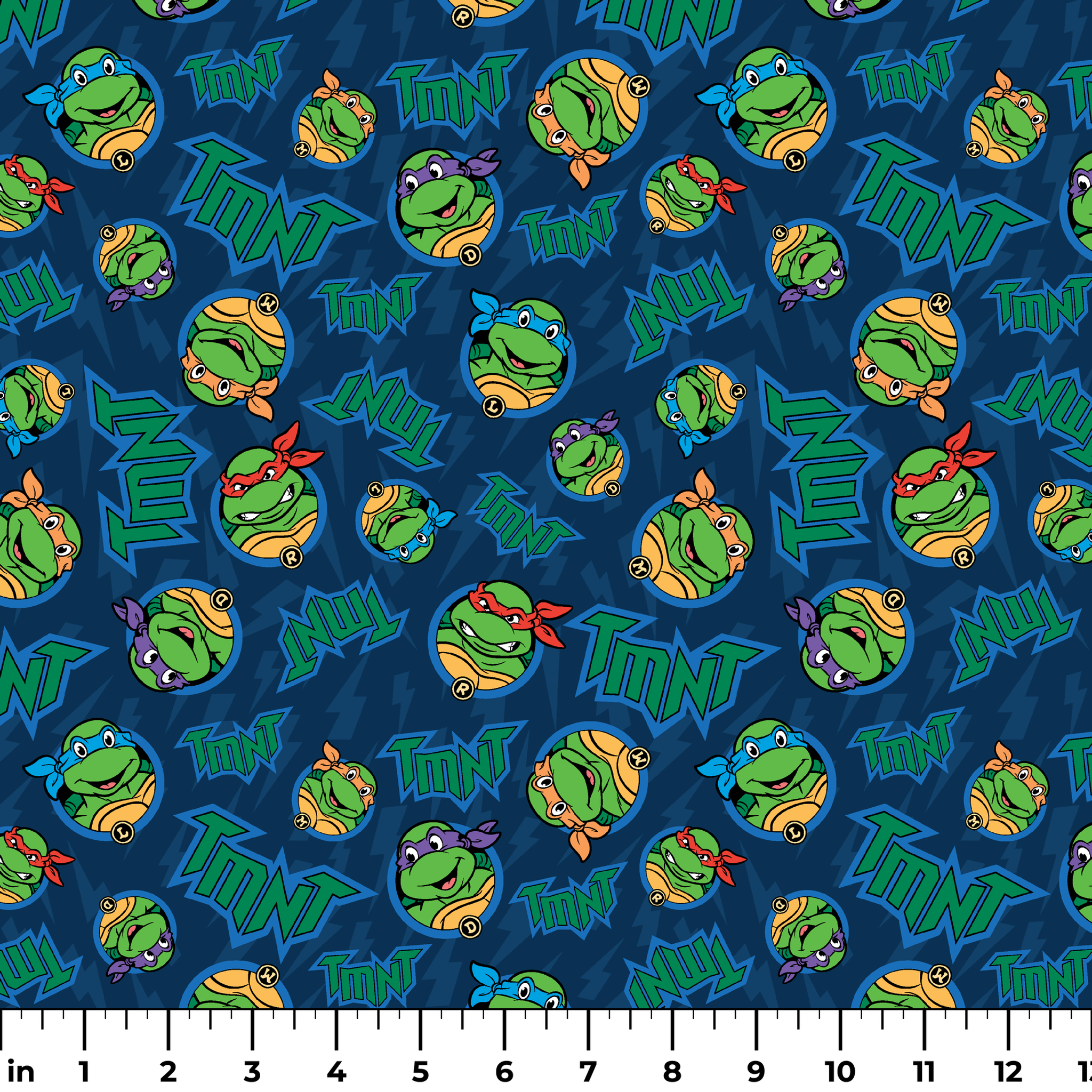 Teenage Mutant Ninja Turtles pattern with character heads and TMNT logos on blue background ruler