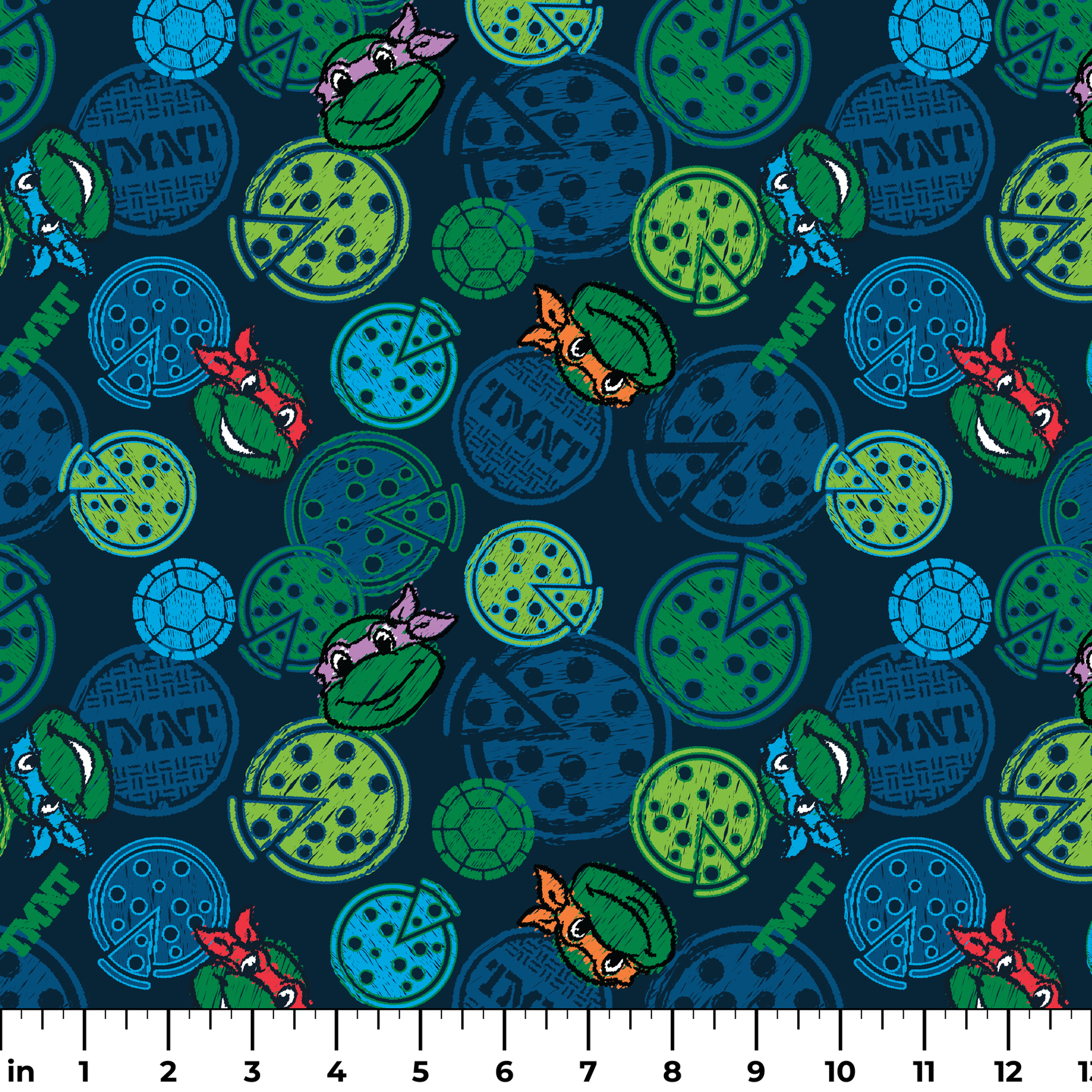 Teenage Mutant Ninja Turtles pattern with cartoon character heads and green/blue pizza circles ruler