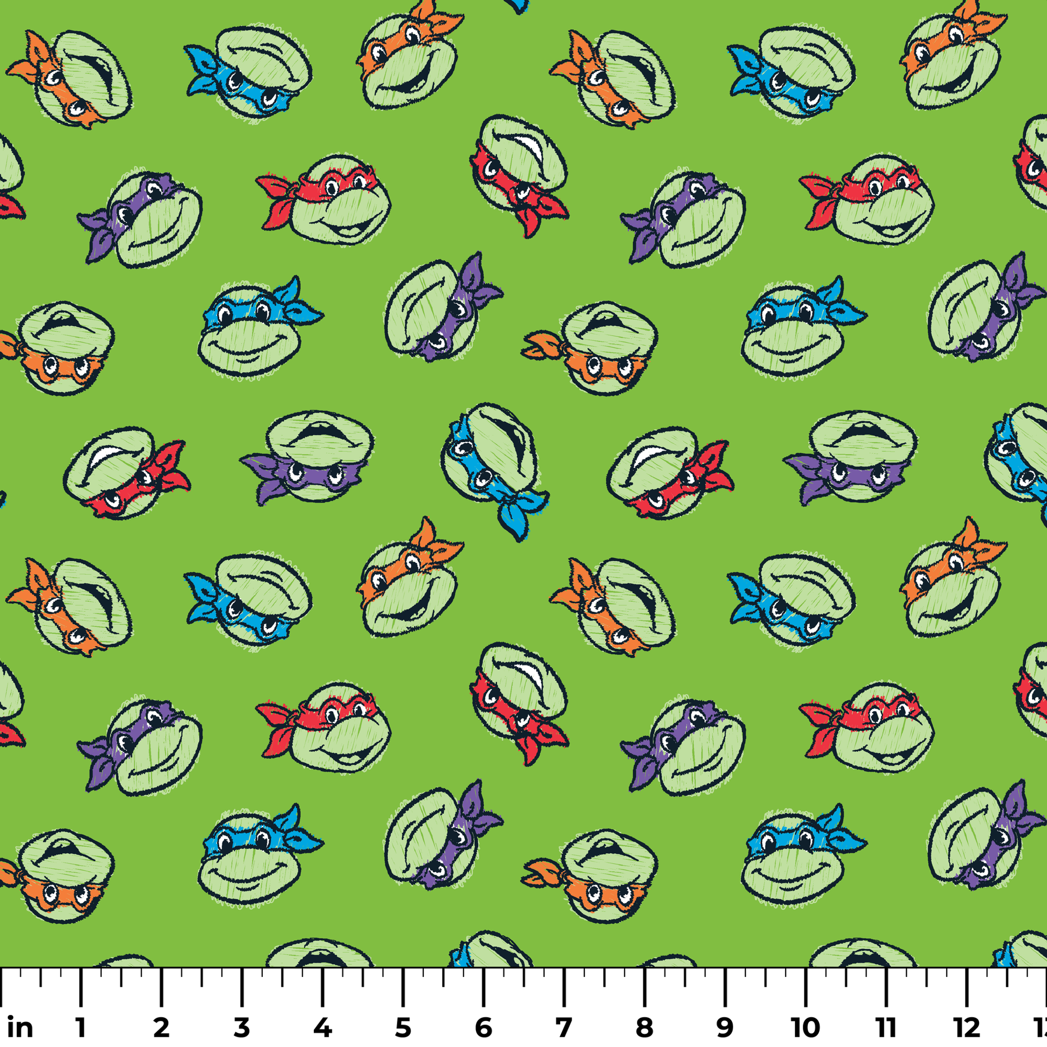 Teenage Mutant Ninja Turtles scattered on bright green background ruler