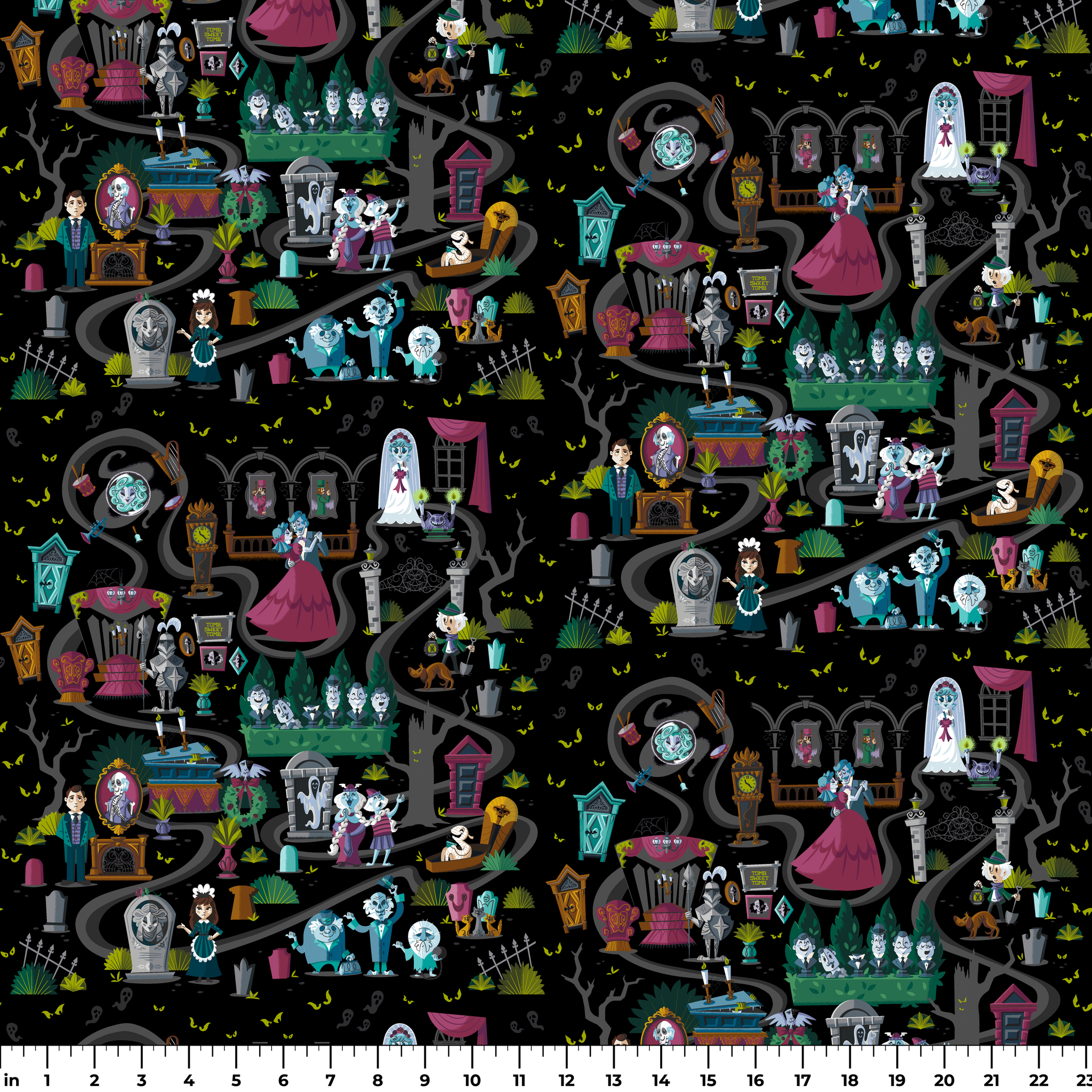 Dark background collage of colorful haunted house elements with ghosts, skeletons, potion bottles, and spooky characters in a whimsical pattern ruler