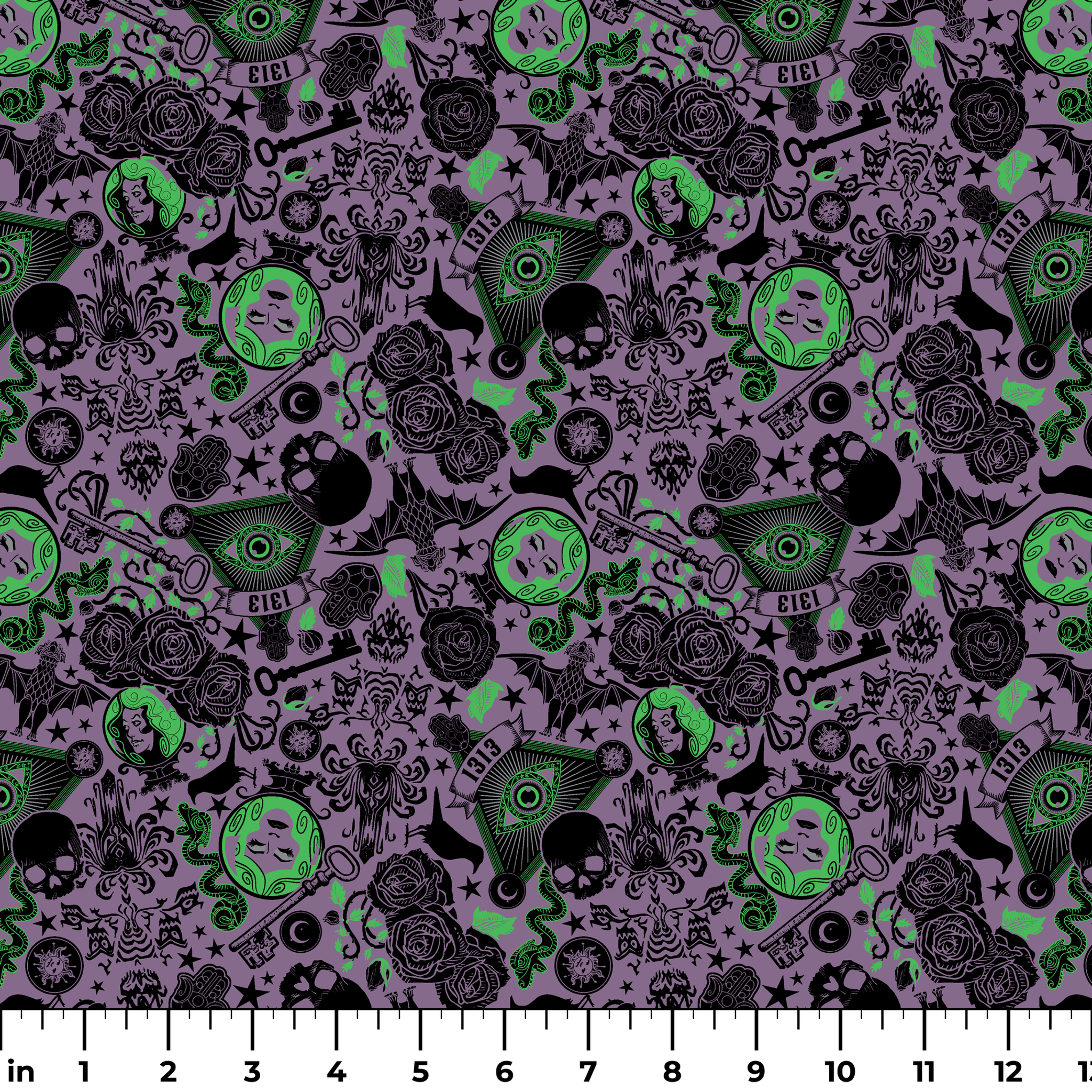 A dark purple background with gothic imagery in black and neon green featuring mystical elements including roses, celestial symbols, eyes, hands, and ornate decorative patterns. ruler