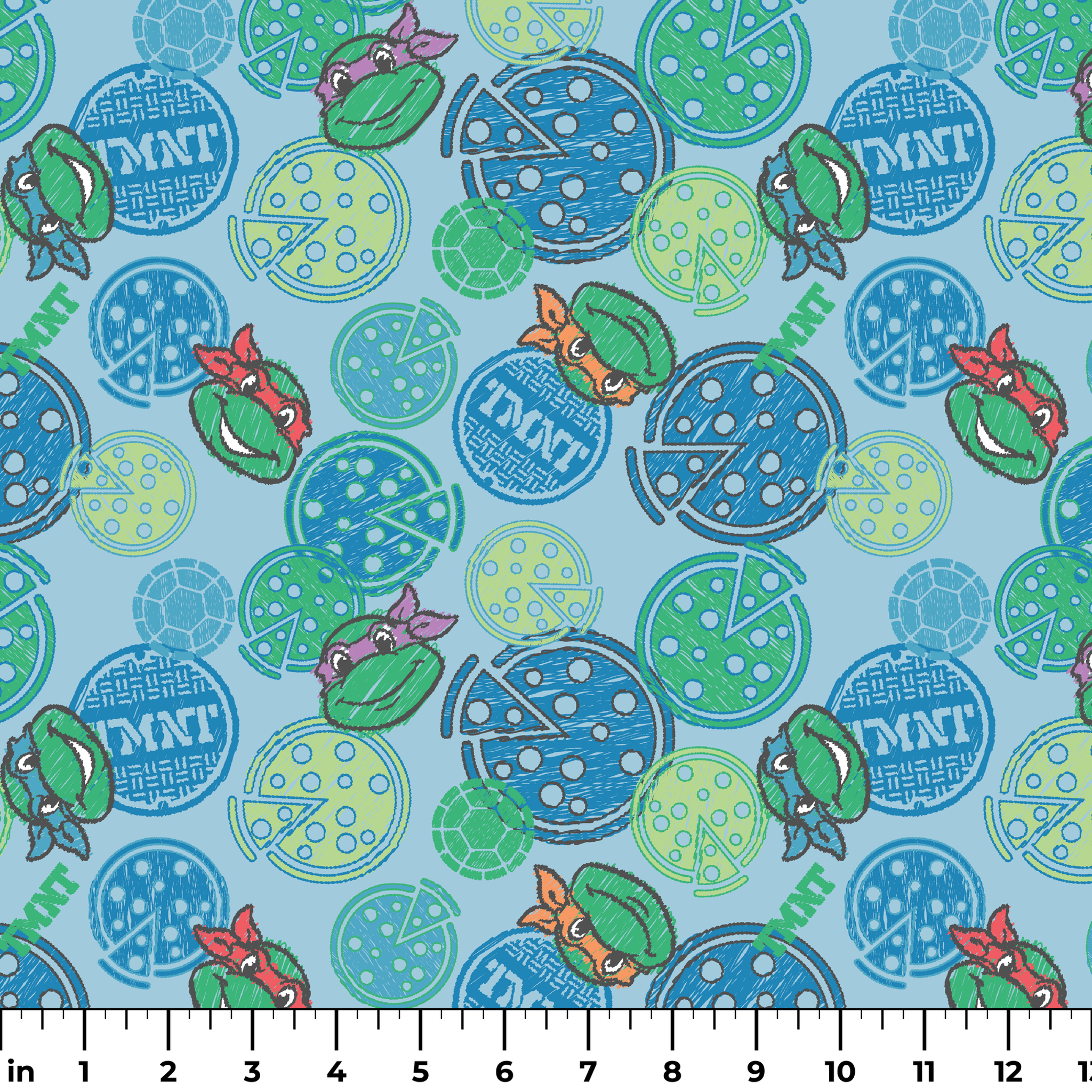 Cartoon Ninja Turtles pattern with colorful circular designs on light blue background ruler
