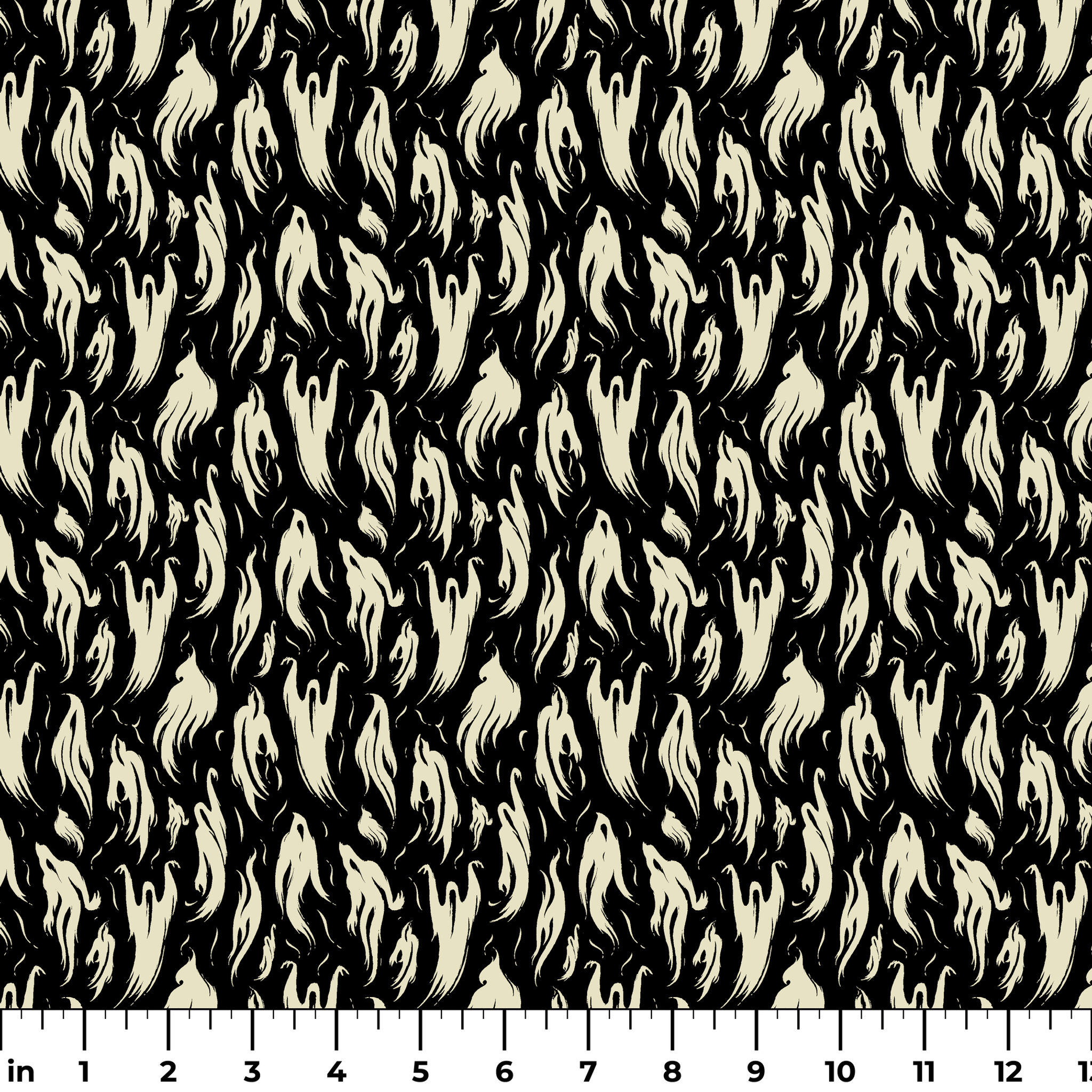 Abstract ghost-like shapes in pale cream swirling against a black background in a repeating pattern ruler