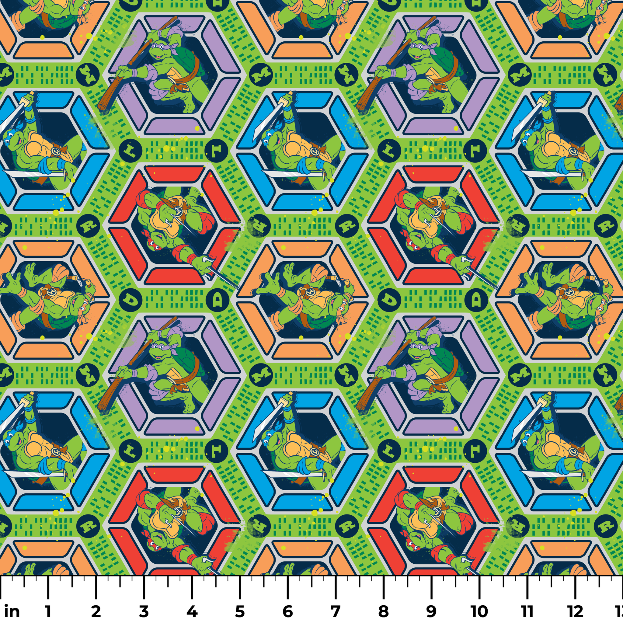 Colorful hexagonal pattern featuring the Teenage Mutant Ninja Turtles in action poses on green backgrounds with digital text elements ruler