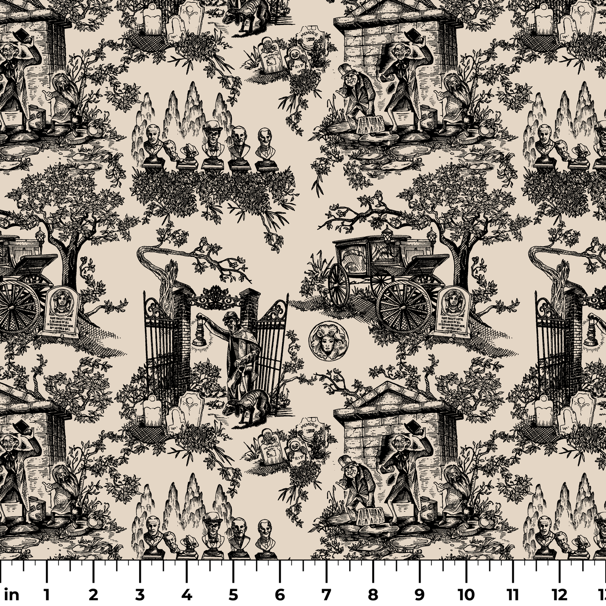 Black and white toile pattern with garden scenes, architectural elements, and decorative figures in a classical style ruler