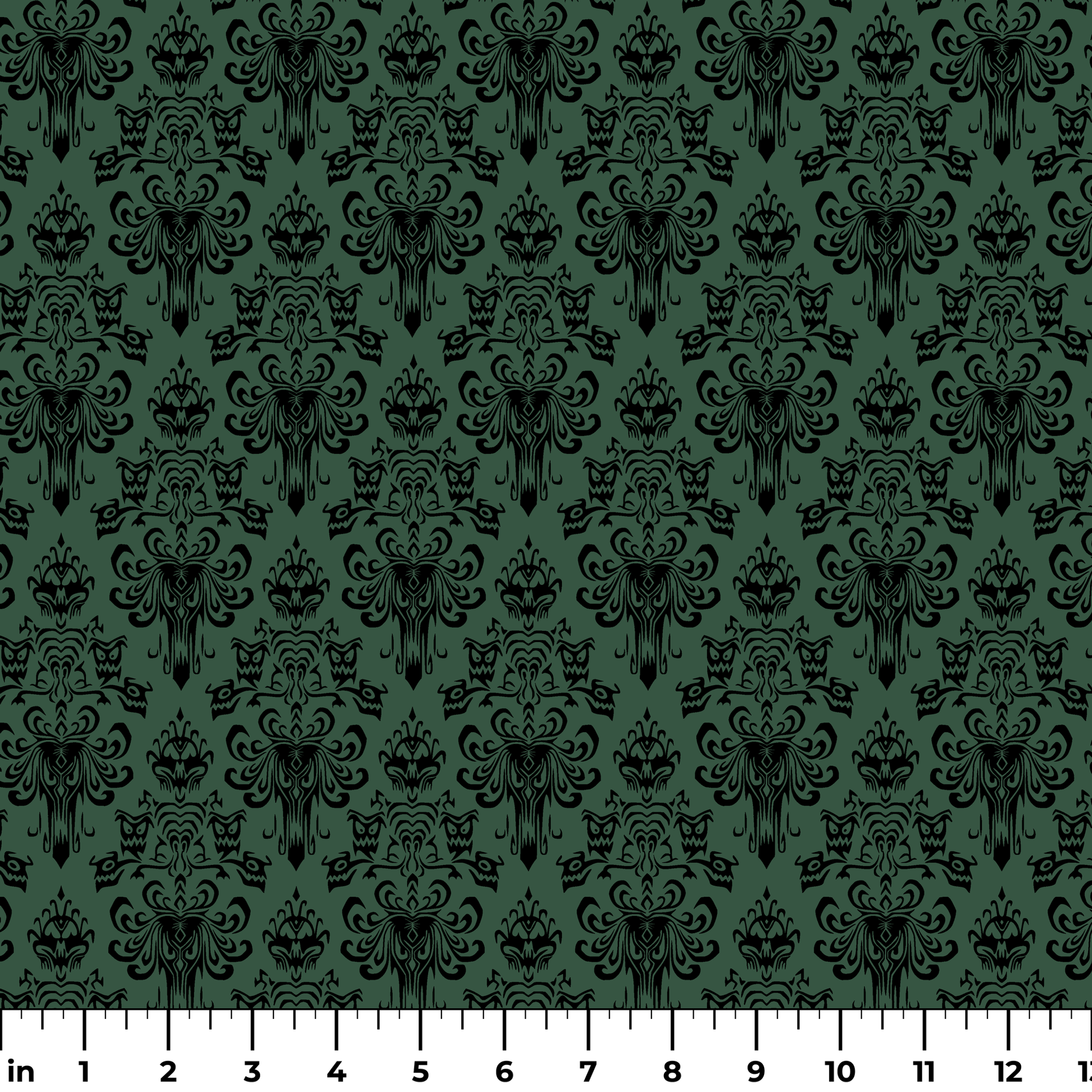 The image shows an elegant Victorian or Gothic-style damask pattern in black against a dark green background. The repeating ornate design features intricate scrollwork, flourishes, and symmetrical decorative elements arranged in a traditional wallpaper or textile pattern style. ruler