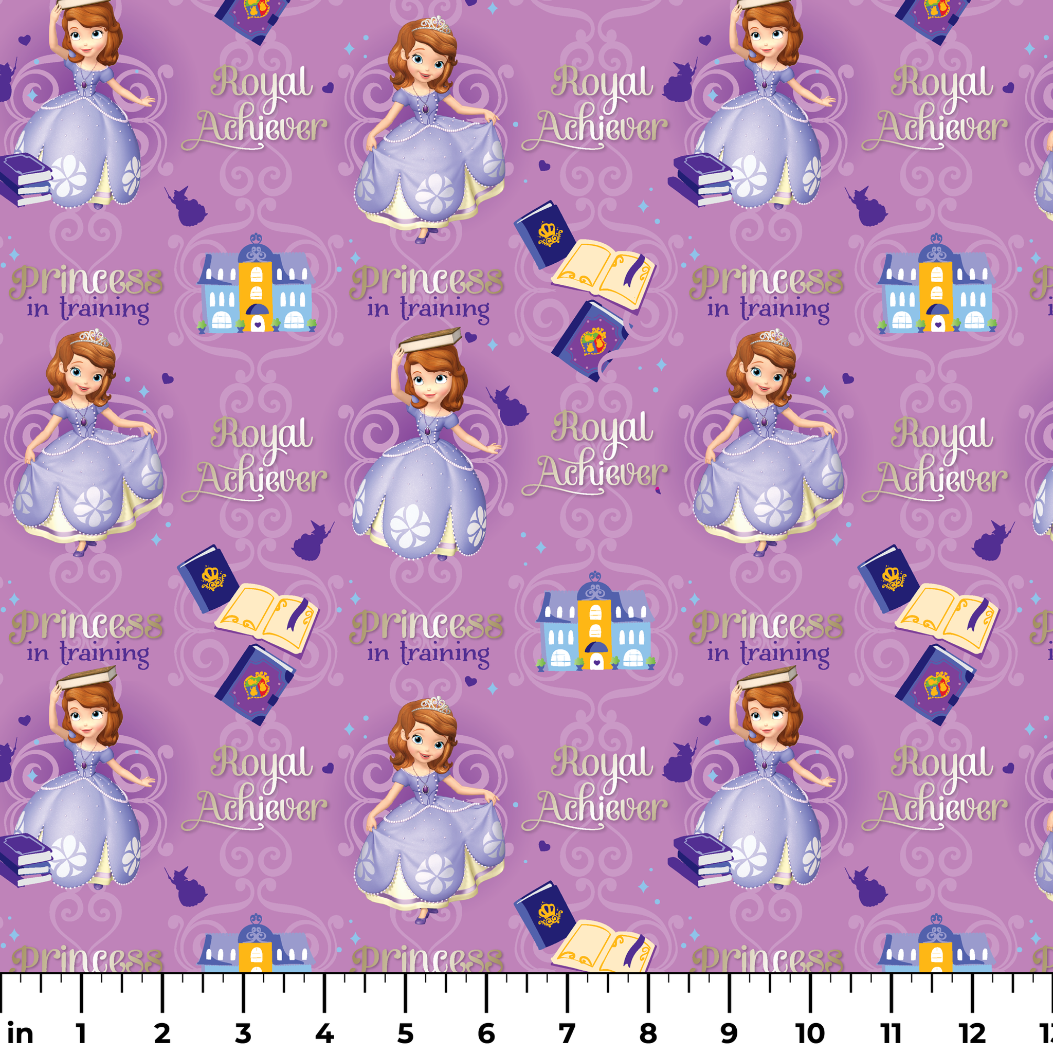 Princess Sofia pattern with "Royal Achiever" and "Princess in Training" text, purple background with castles and books ruler