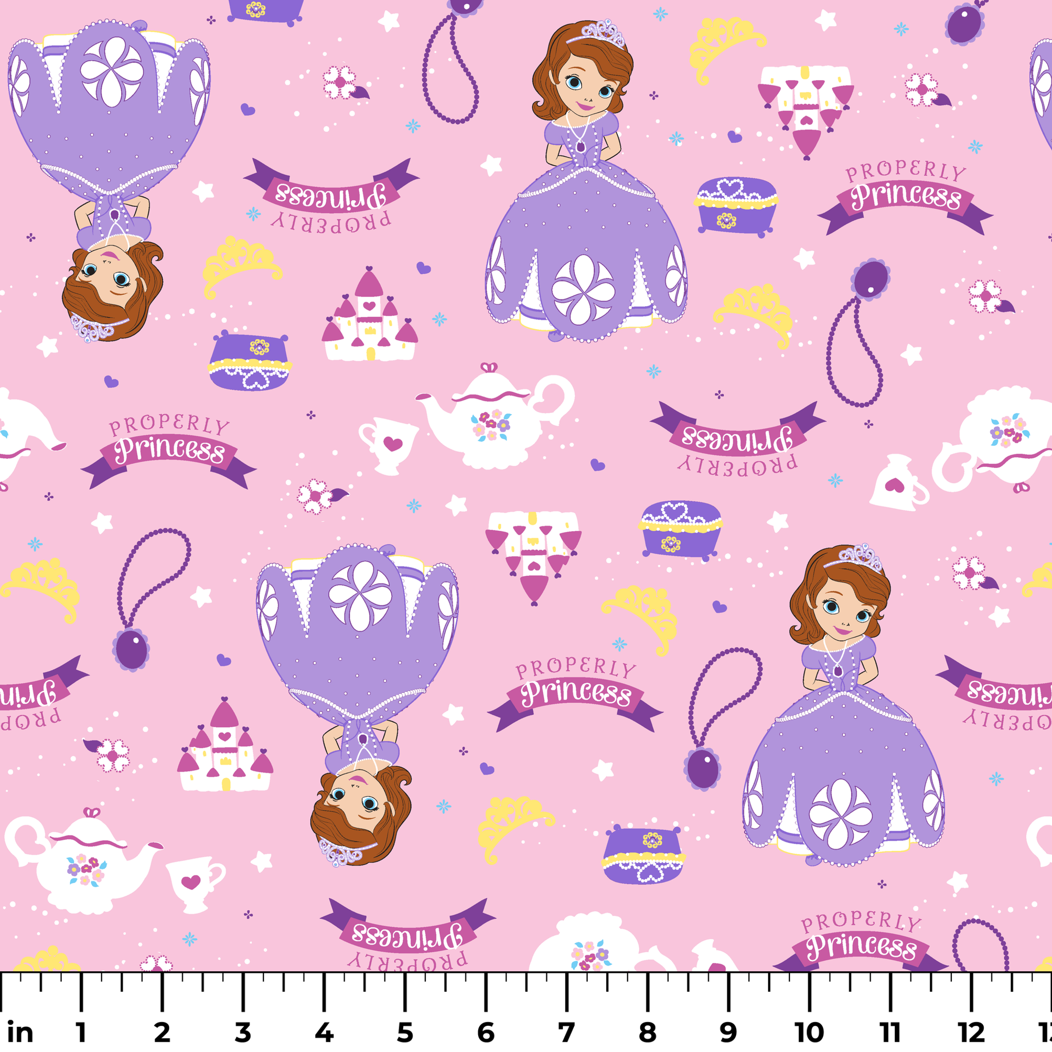 Princess-themed pattern with purple dresses, tiaras, teapots, and banners on pink background ruler