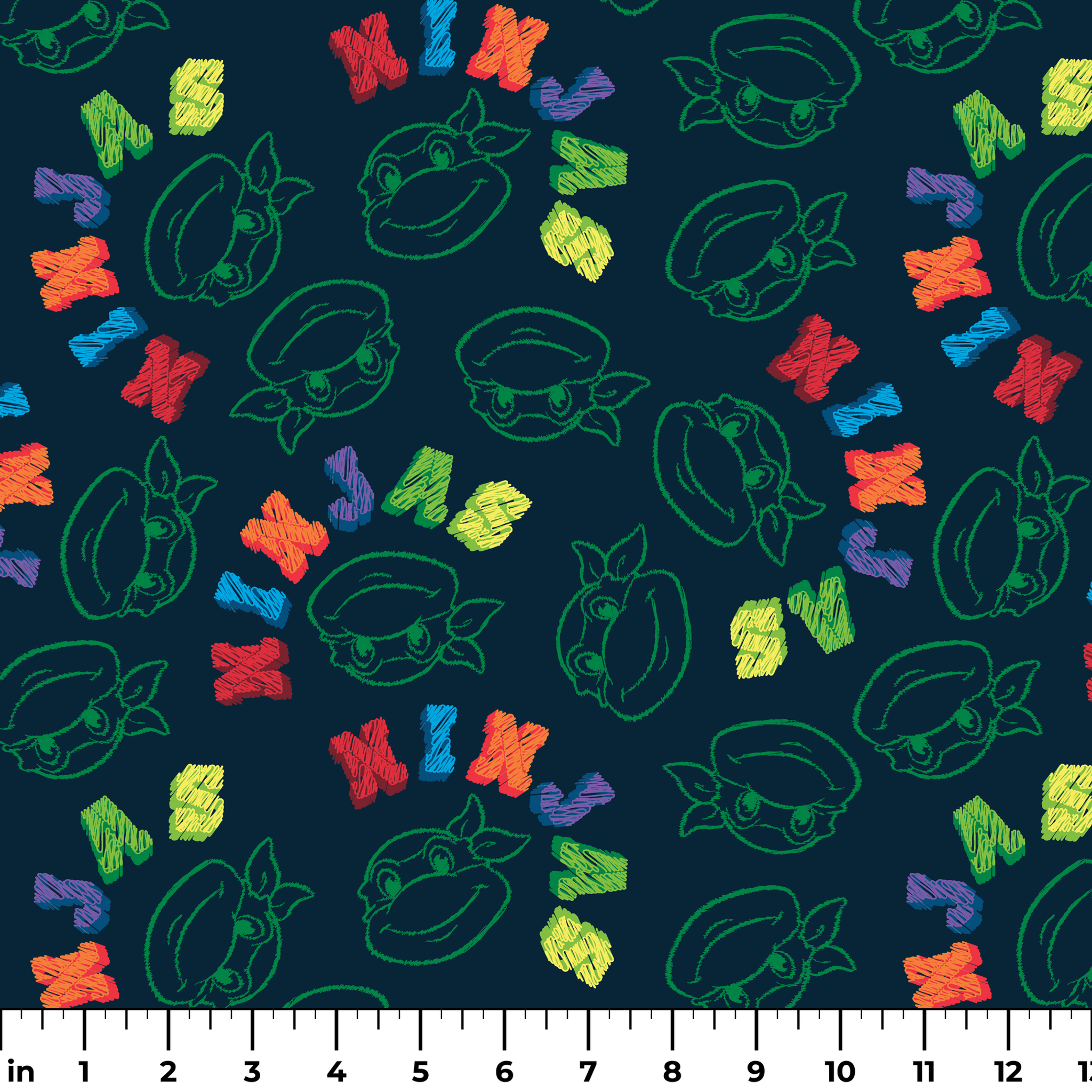 Colorful Ninja Turtles pattern with green outlines on dark blue background ruler