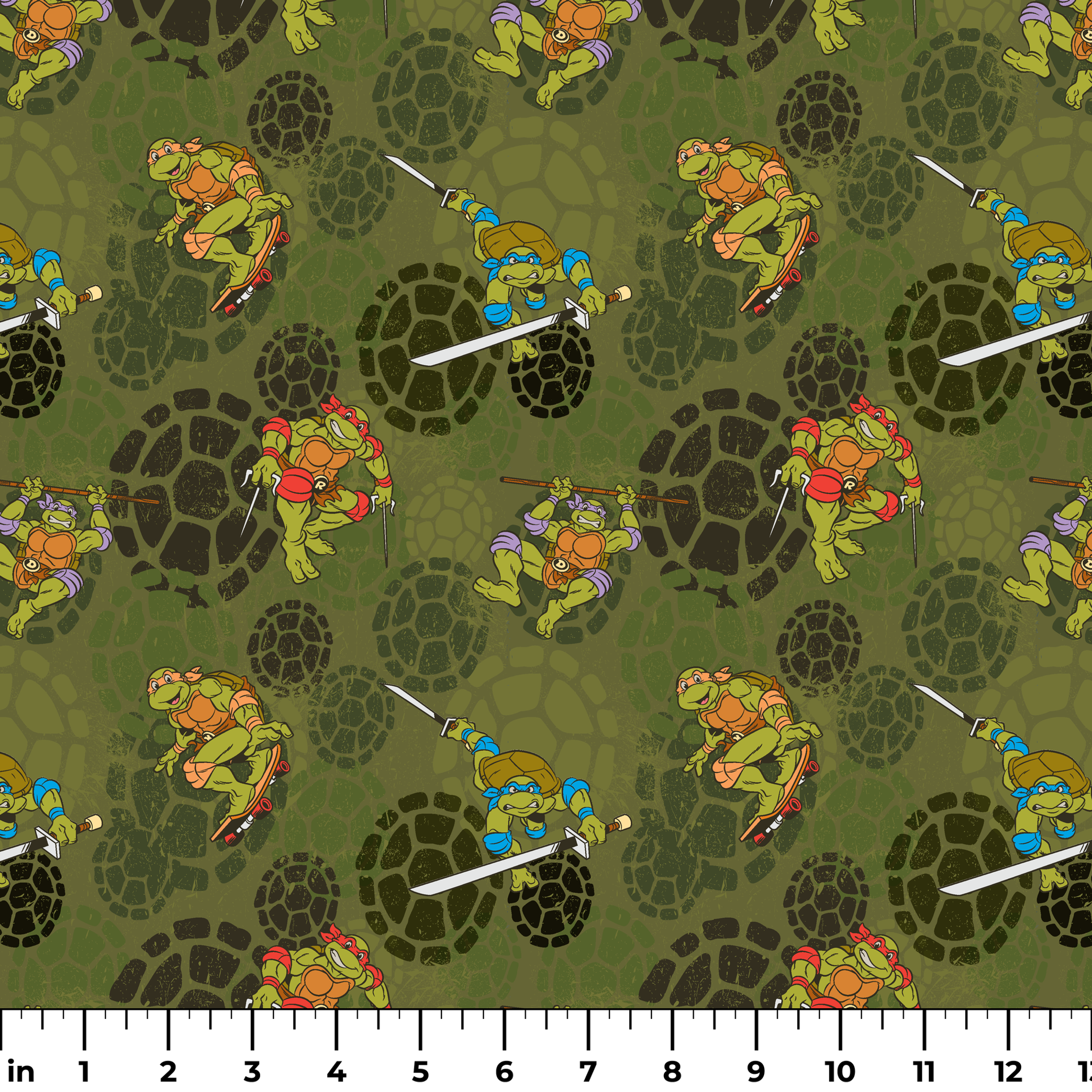 Teenage Mutant Ninja Turtles characters in action poses on green background with turtle shell patterns ruler