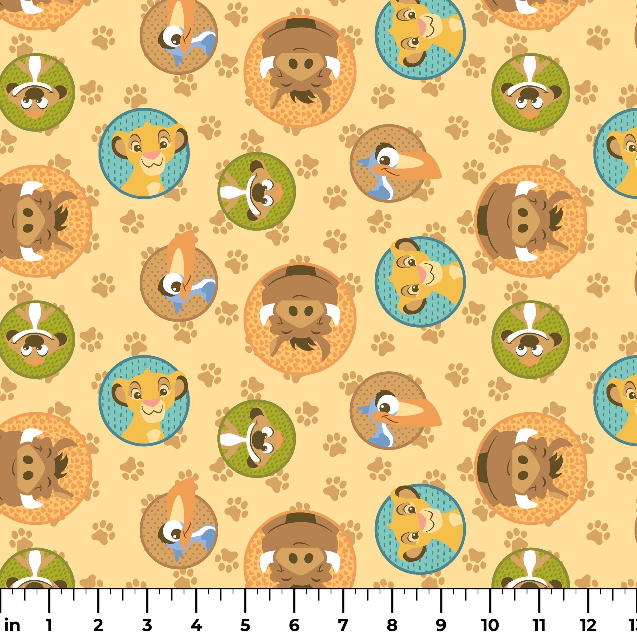 Cartoon animal faces in circular frames on beige background with paw prints - lion, monkey, dog, bird ruler