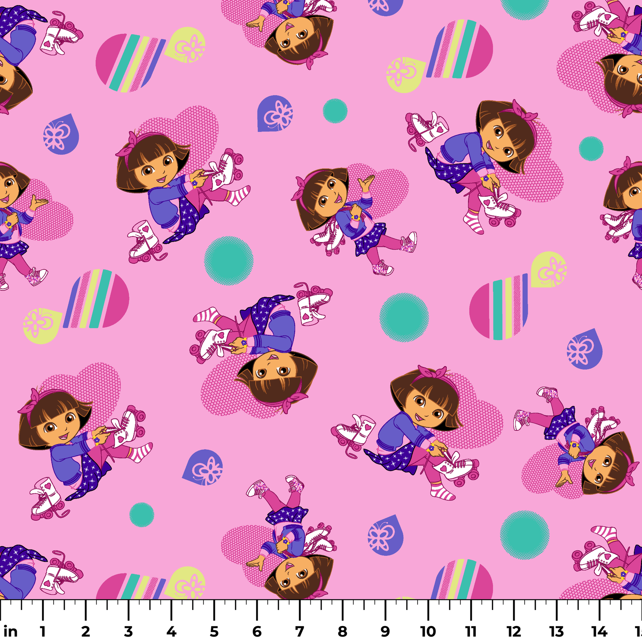 Dora the Explorer pattern with purple background, colorful polka dots and striped shapes ruler