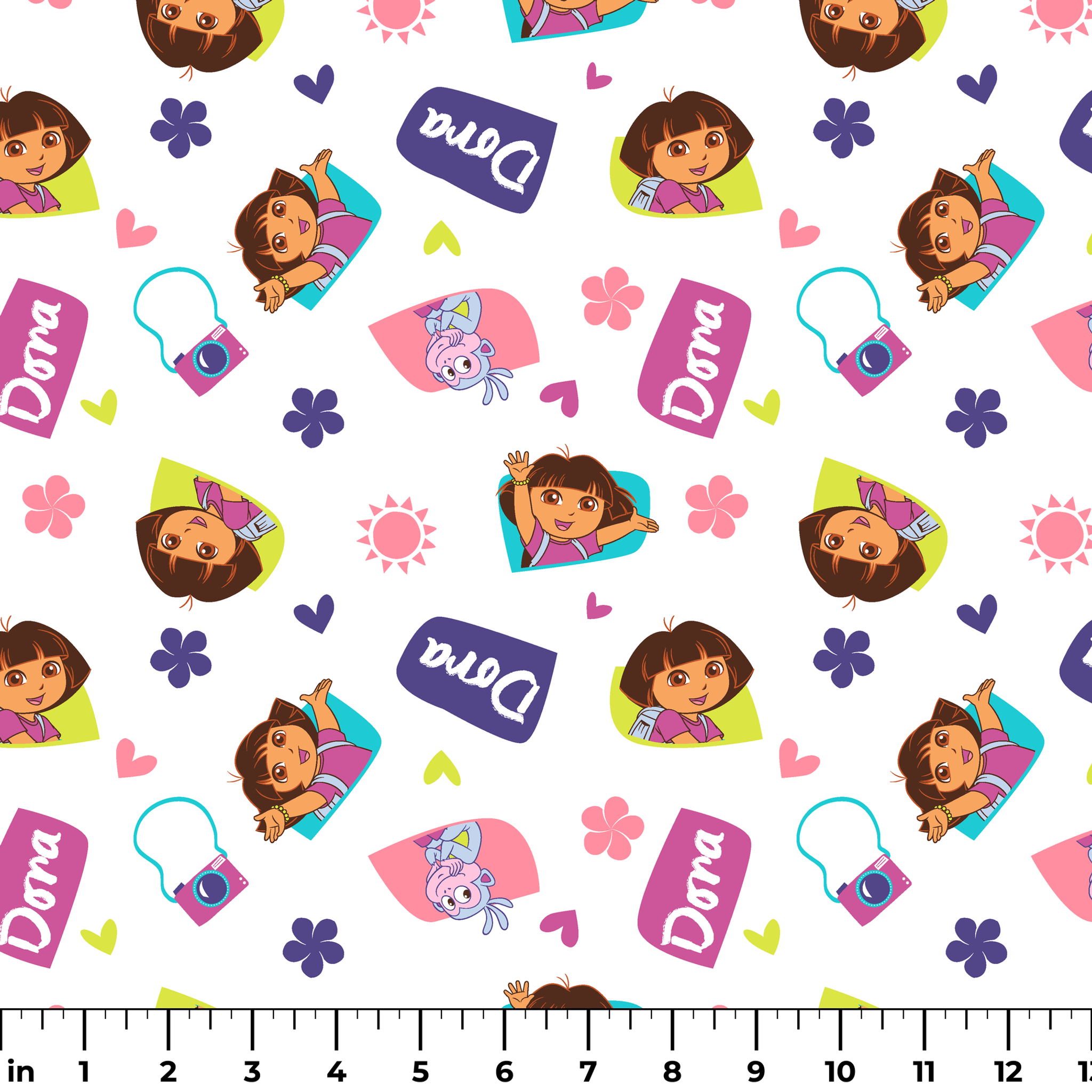 Cartoon pattern featuring Dora the Explorer characters, purple logos, pink hearts, and flowers on white background. ruler