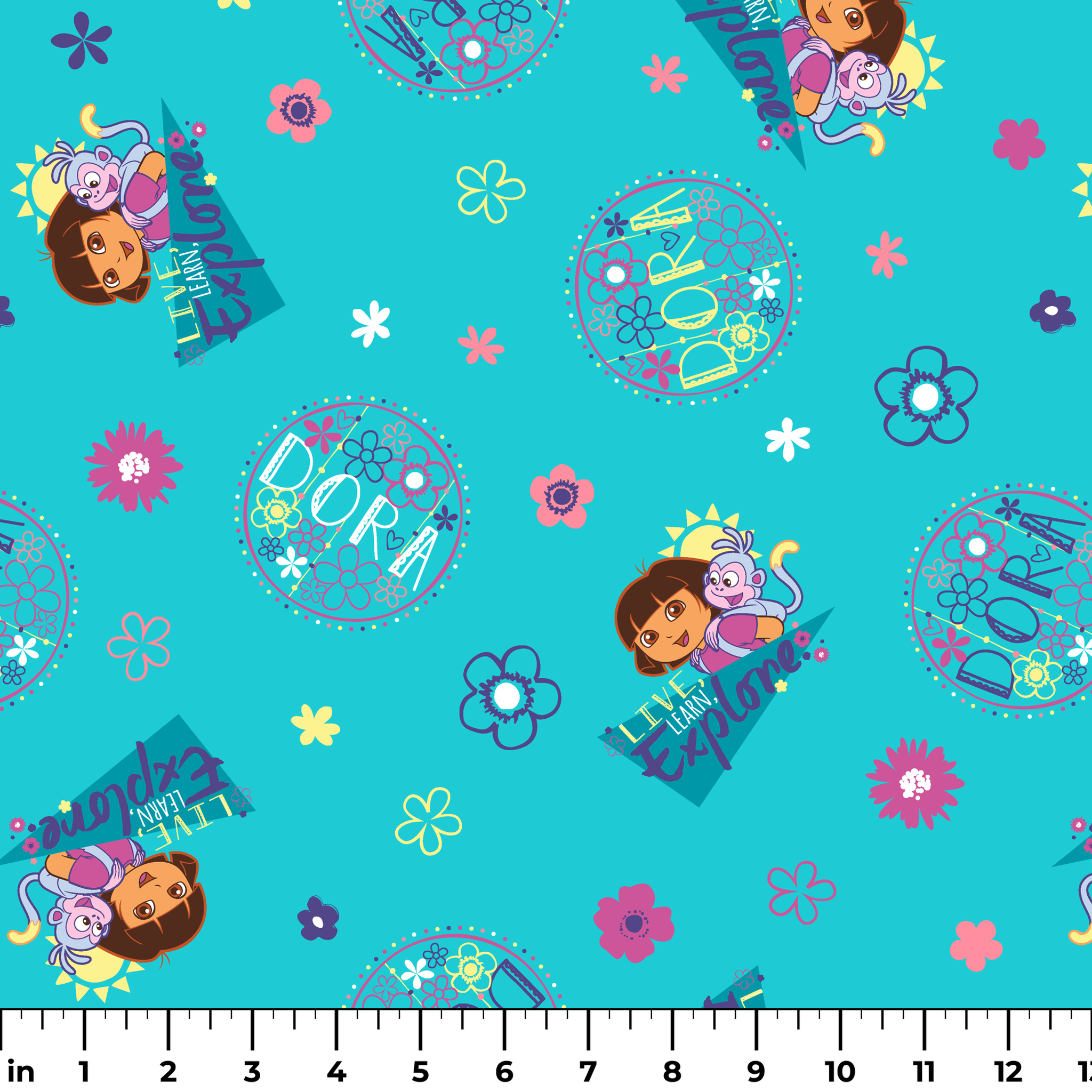 Colorful teal pattern with Dora the Explorer characters, decorative circles, flowers, and triangular shapes in pink, purple, and blue ruler