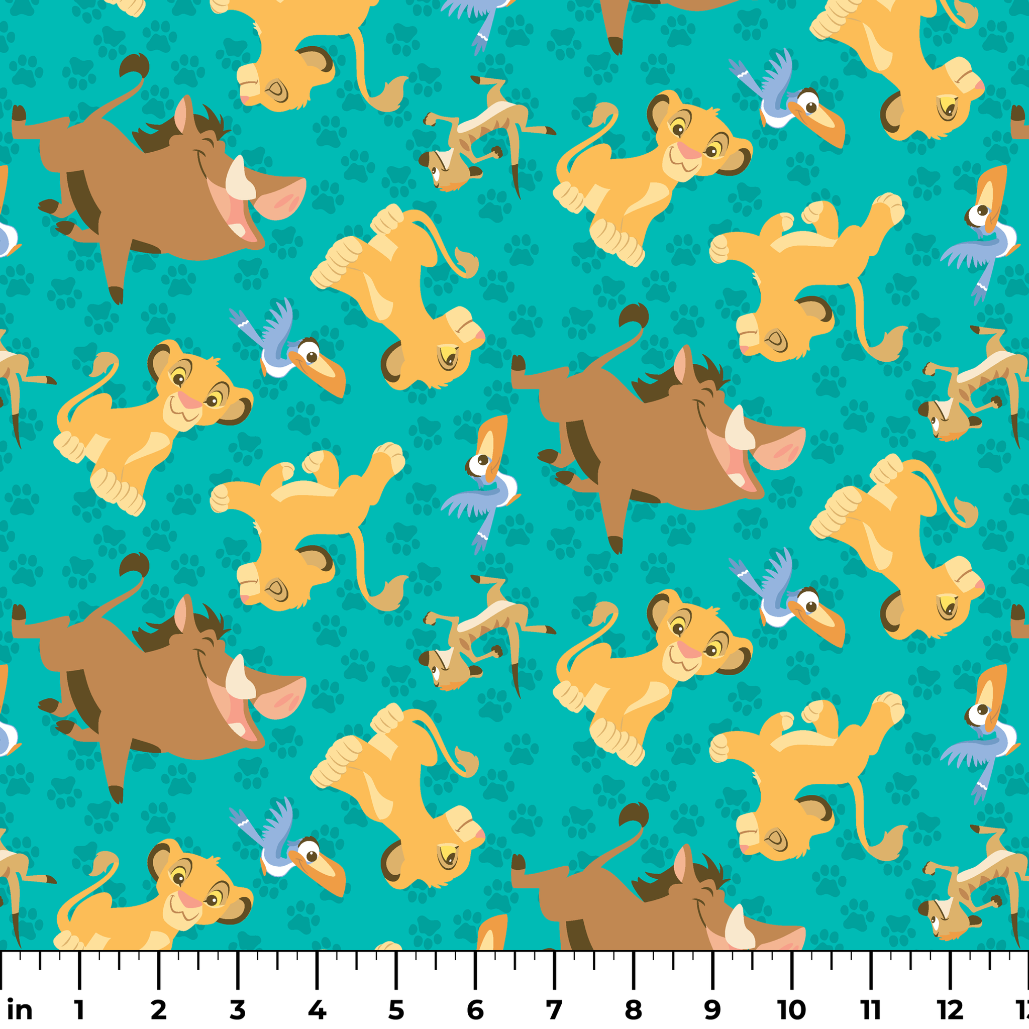 Cartoon Lion King characters pattern with Simba, Pumbaa and others on turquoise paw print background ruler