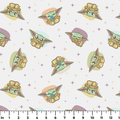 Cute cartoon characters in floating pods with big ears against a starry background, pastel colors ruler