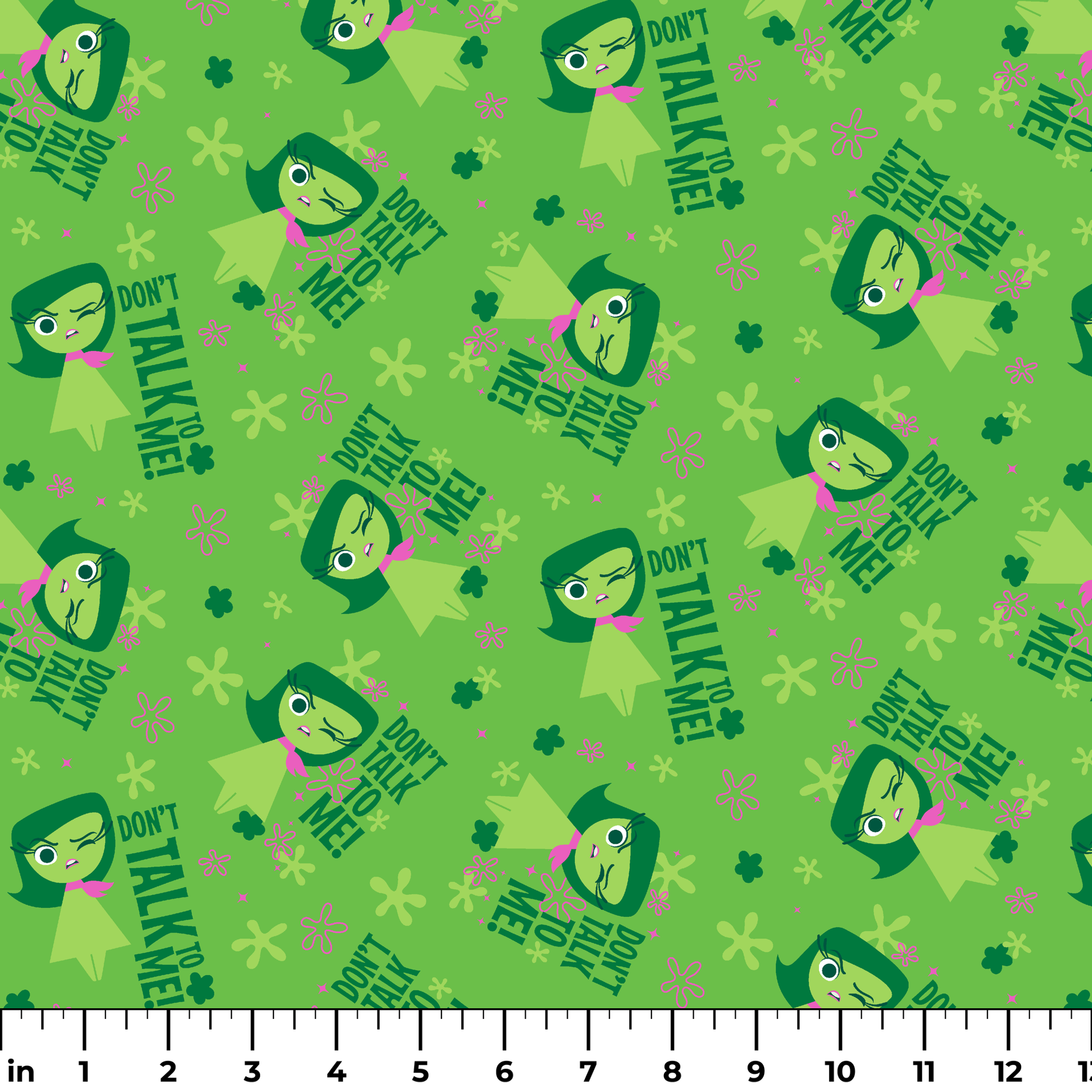 Green background with Disgust from Inside Out and "Don't Talk To Me" text, featuring stars and floral elements ruler