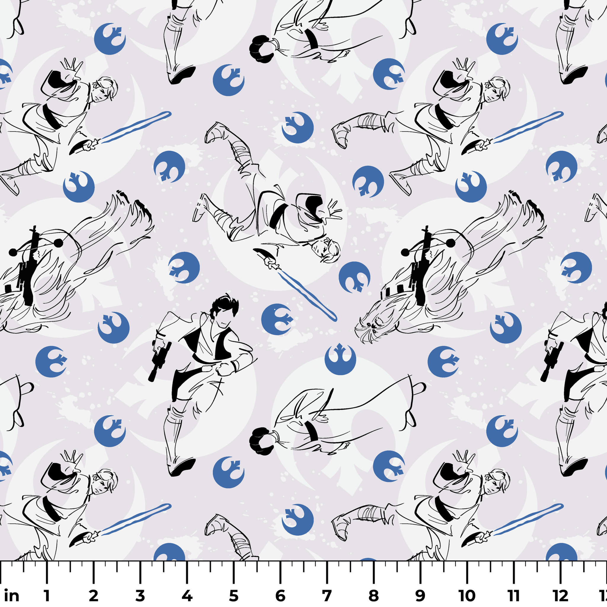 Star Wars characters with lightsabers pattern featuring Rebel Alliance logos on light background ruler